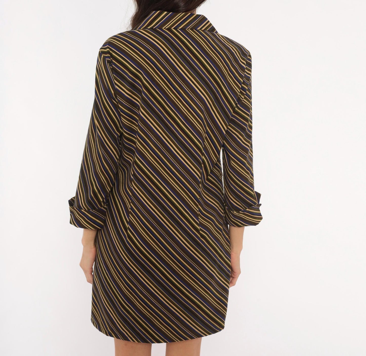 Y2K Selene Sport Striped Shirt Dress Olive Navy Gold Mini Medium M
