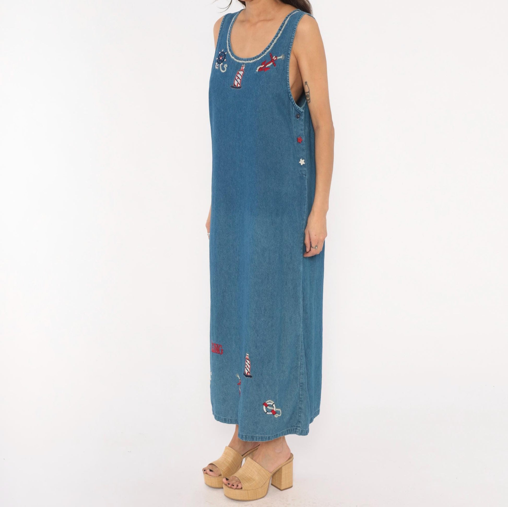 90s Keren Hart Nautical Denim Maxi Dress Embroidered Lighthouse Anchor Medium M