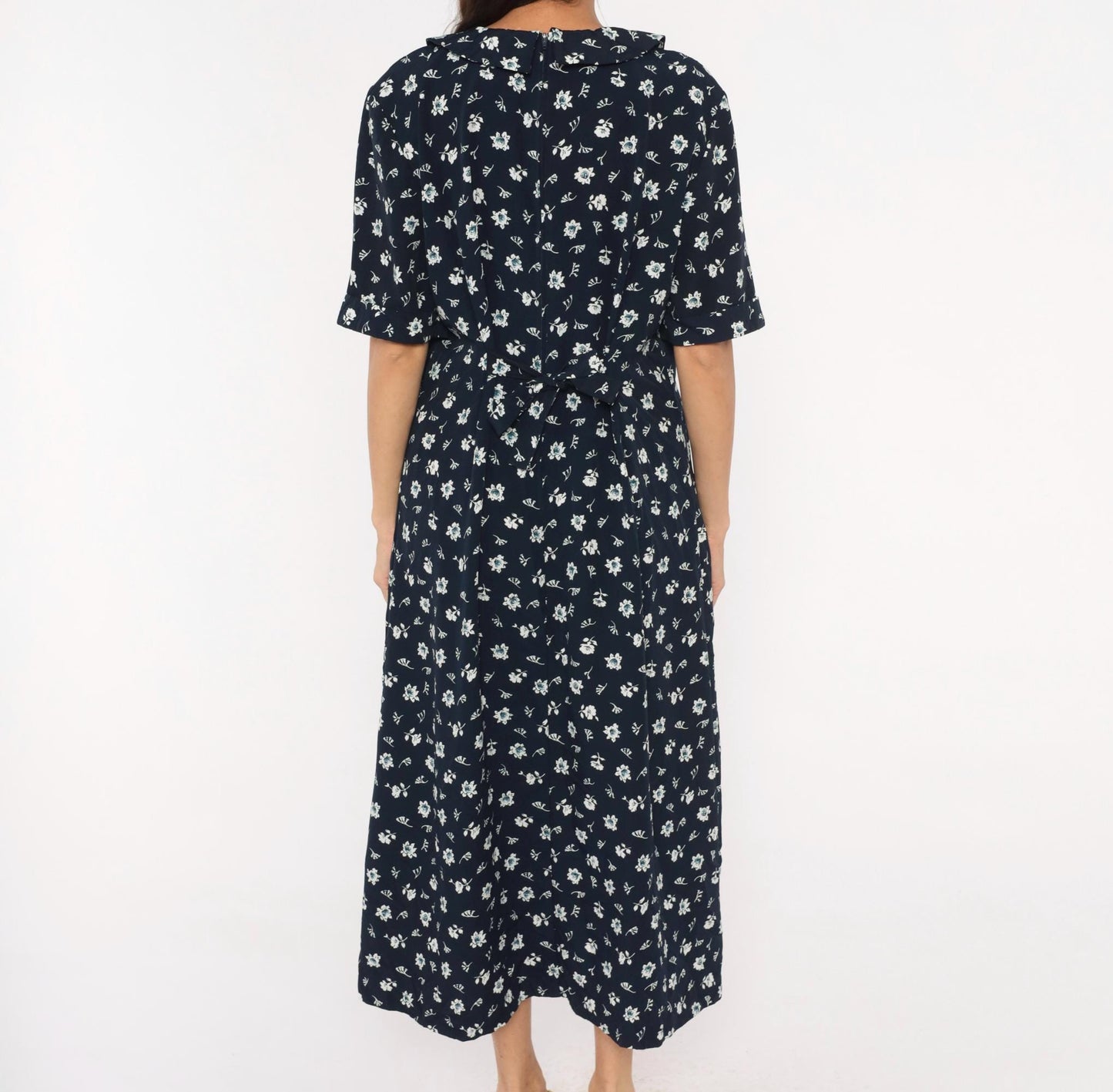90s Kathie Lee Navy Floral Midi Dress Peter Pan Collar Pintuck Bodice Large L