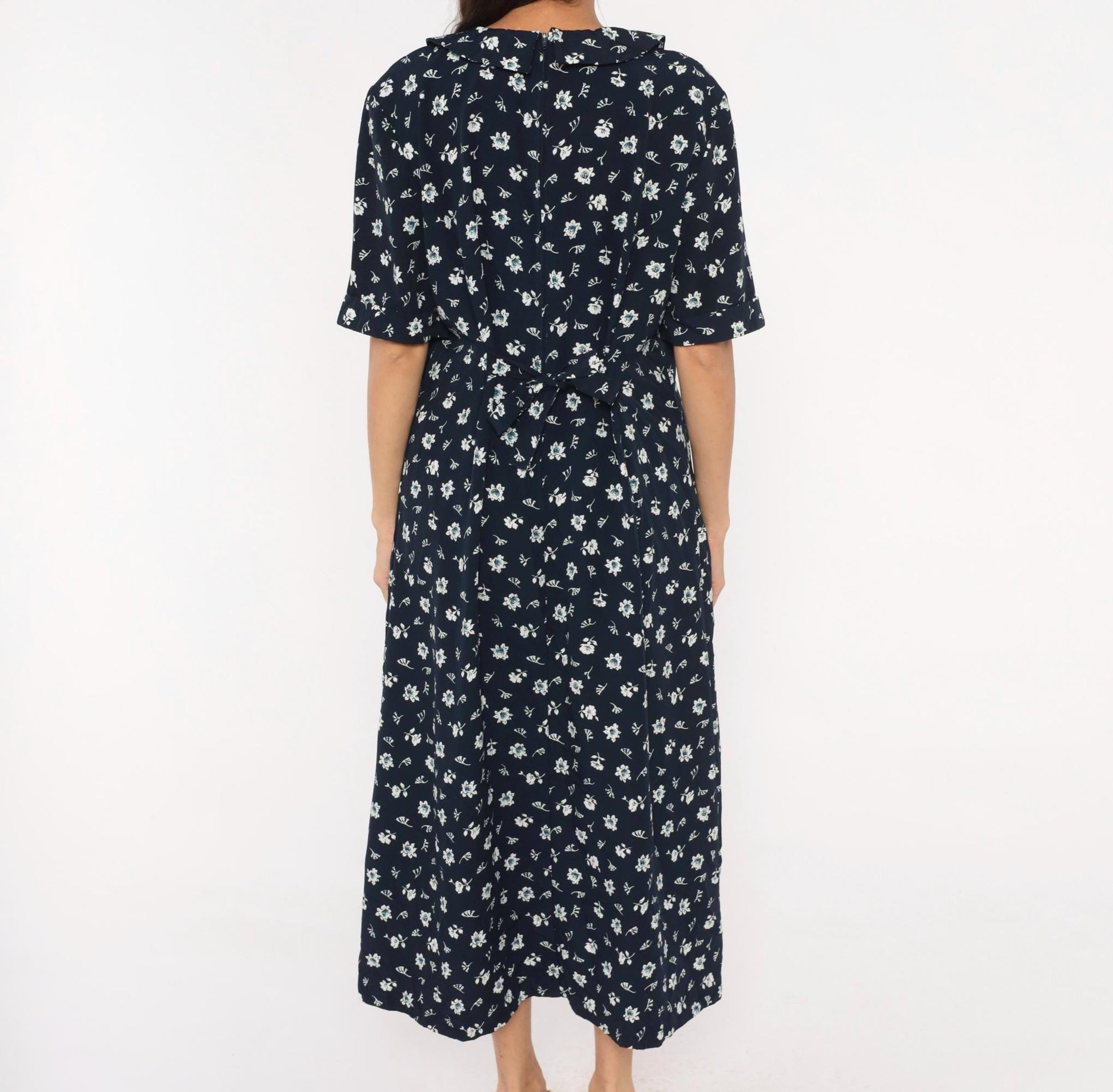 90s Kathie Lee Navy Floral Midi Dress Peter Pan Collar Pintuck Bodice Large L
