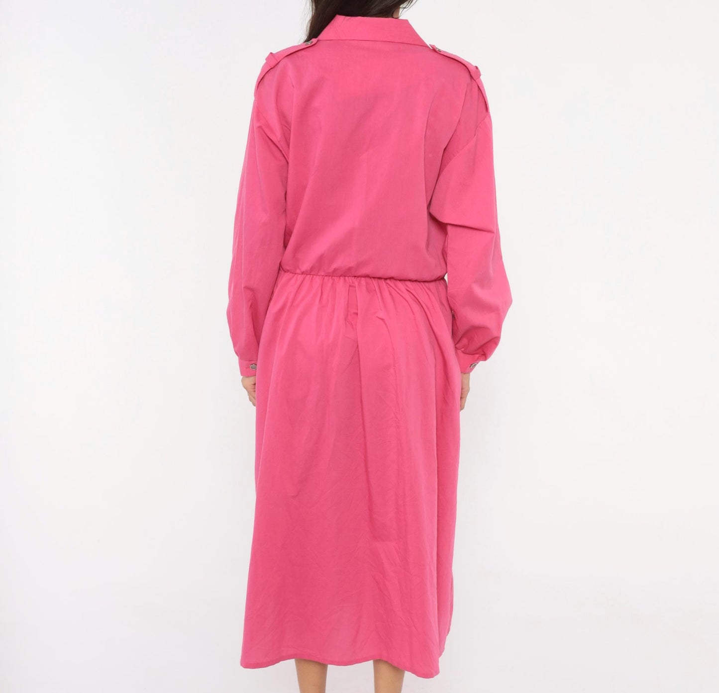 80s Hot Pink Shirtdress Midi Gathered Waist Balloon Sleeve Epaulette Large L