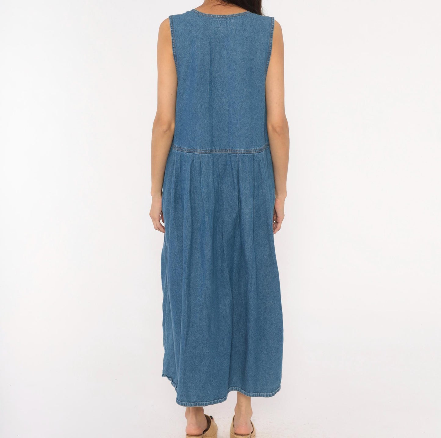 90s Casual Corner Denim Maxi Dress Floral Embroidered V-Neck Button Front Large