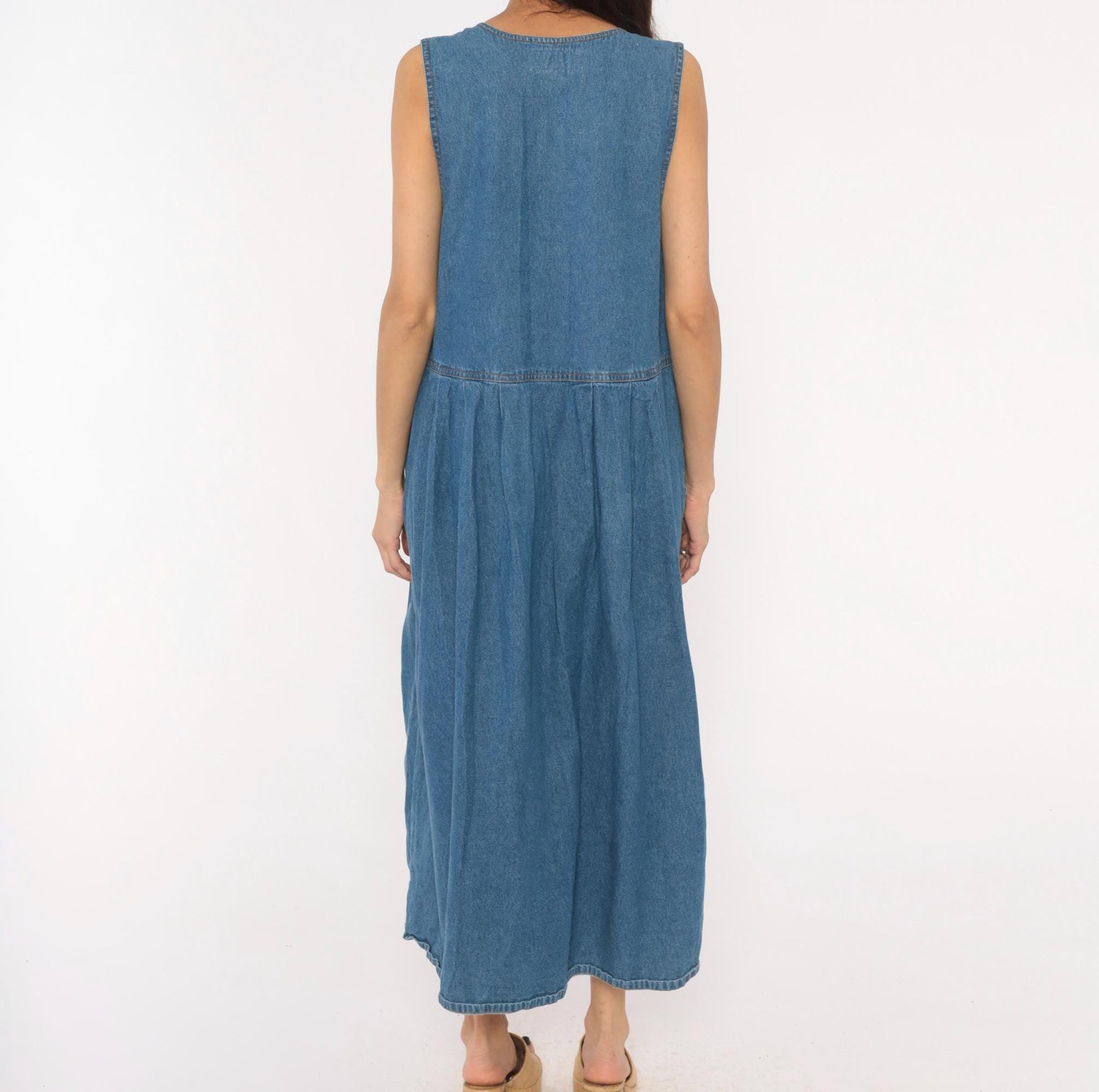 90s Casual Corner Denim Maxi Dress Floral Embroidered V-Neck Button Front Large