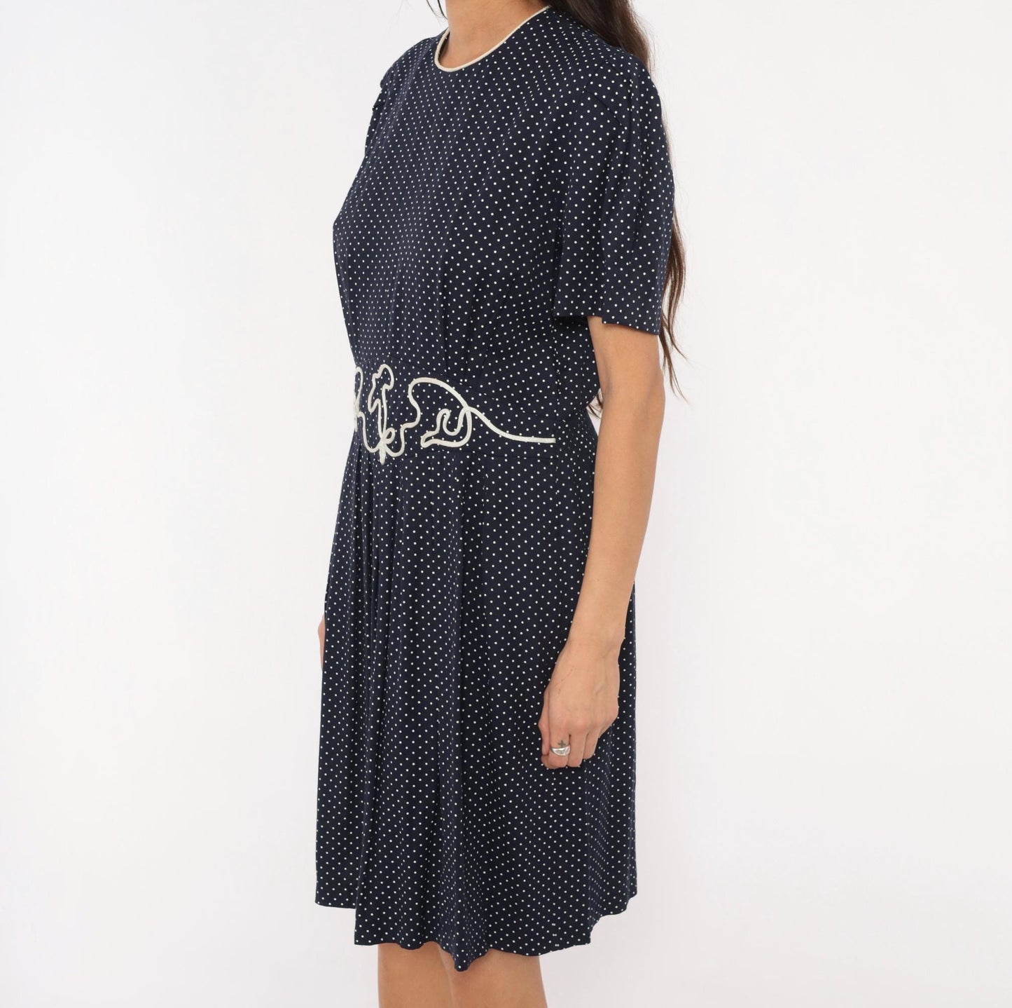 80s Miss Dorby Navy Polka Dot Dress Puff Sleeve Soutache Braid Waist Large L