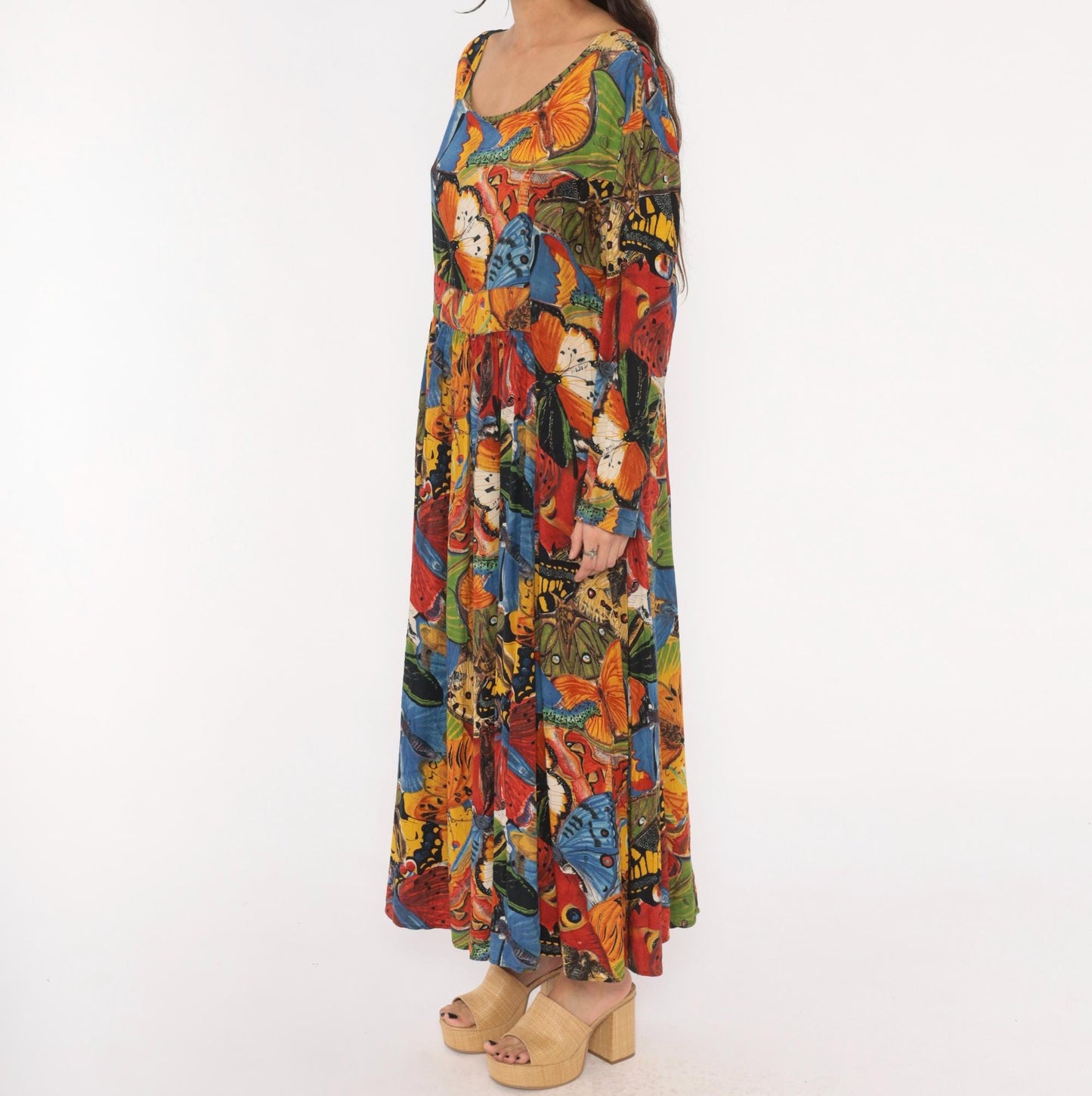 90s We Bebop Butterfly Maxi Dress Empire Waist Long Sleeve Multicolor Extra Large XXL