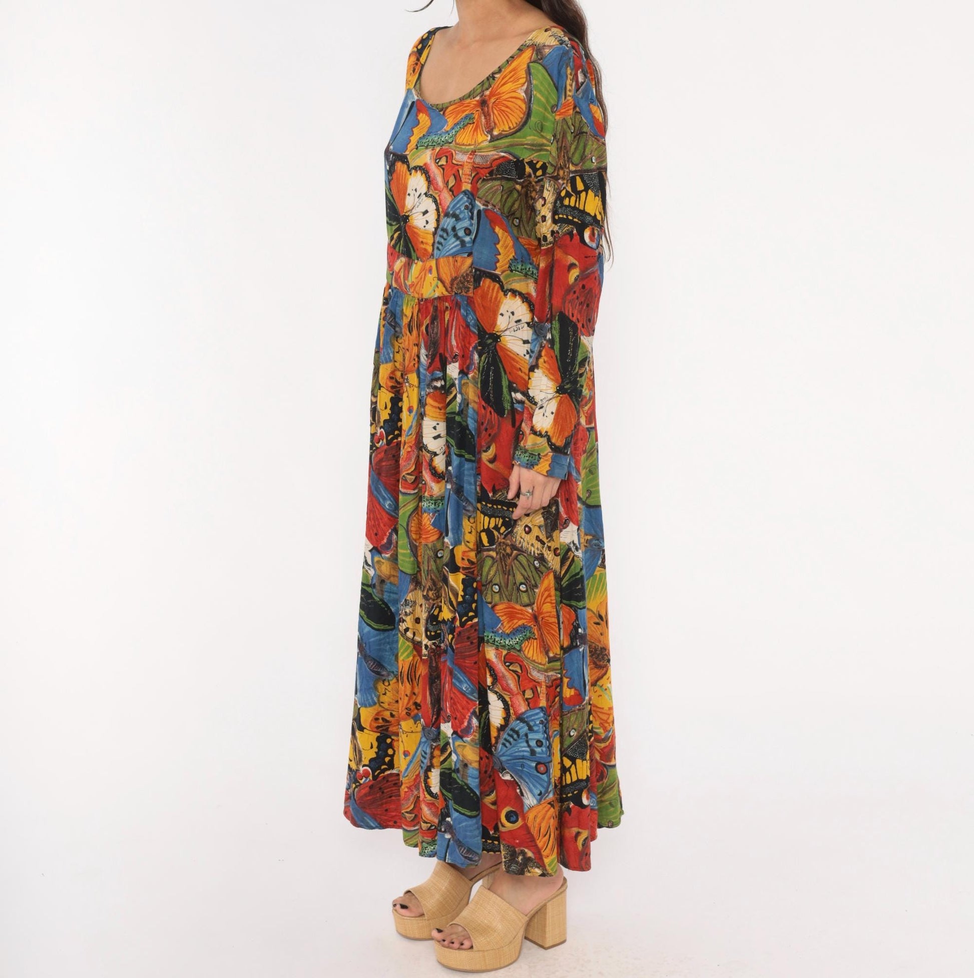 90s We Bebop Butterfly Maxi Dress Empire Waist Long Sleeve Multicolor Extra Large XXL
