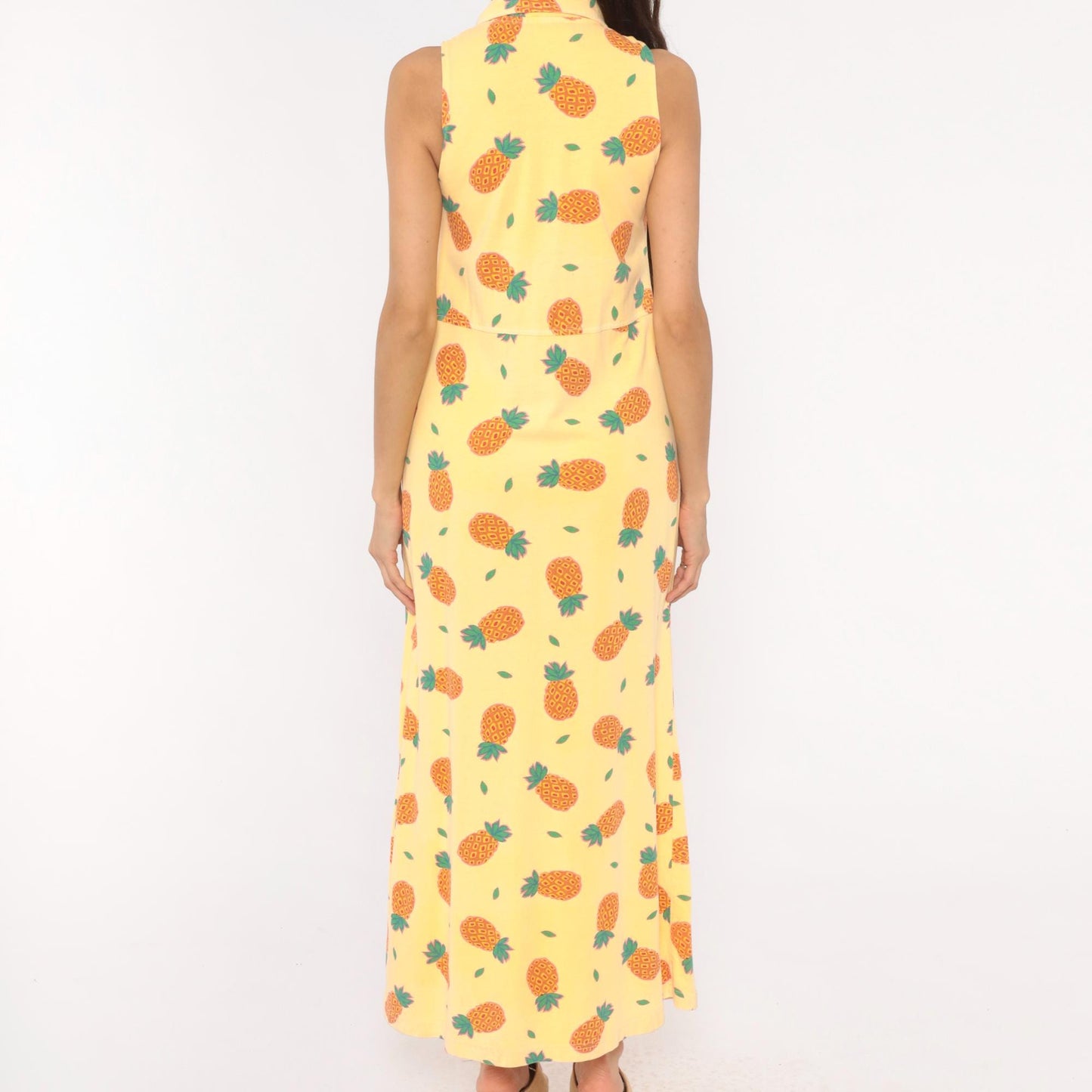 90s Zip Code Pineapple Print Maxi Dress Yellow Cotton Sleeveless Small
