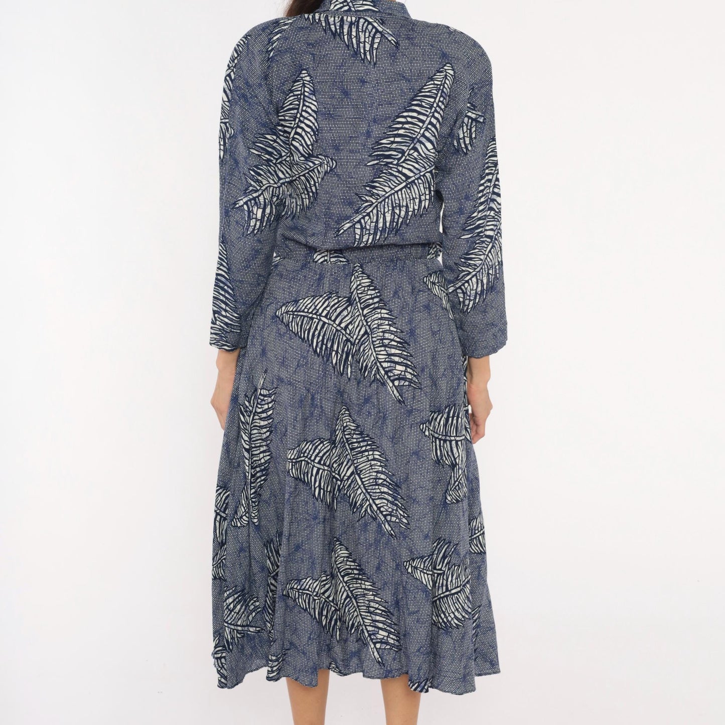 90s Kono Fern Leaf Wrap Dress Cobalt Navy Midi A-Line Small S