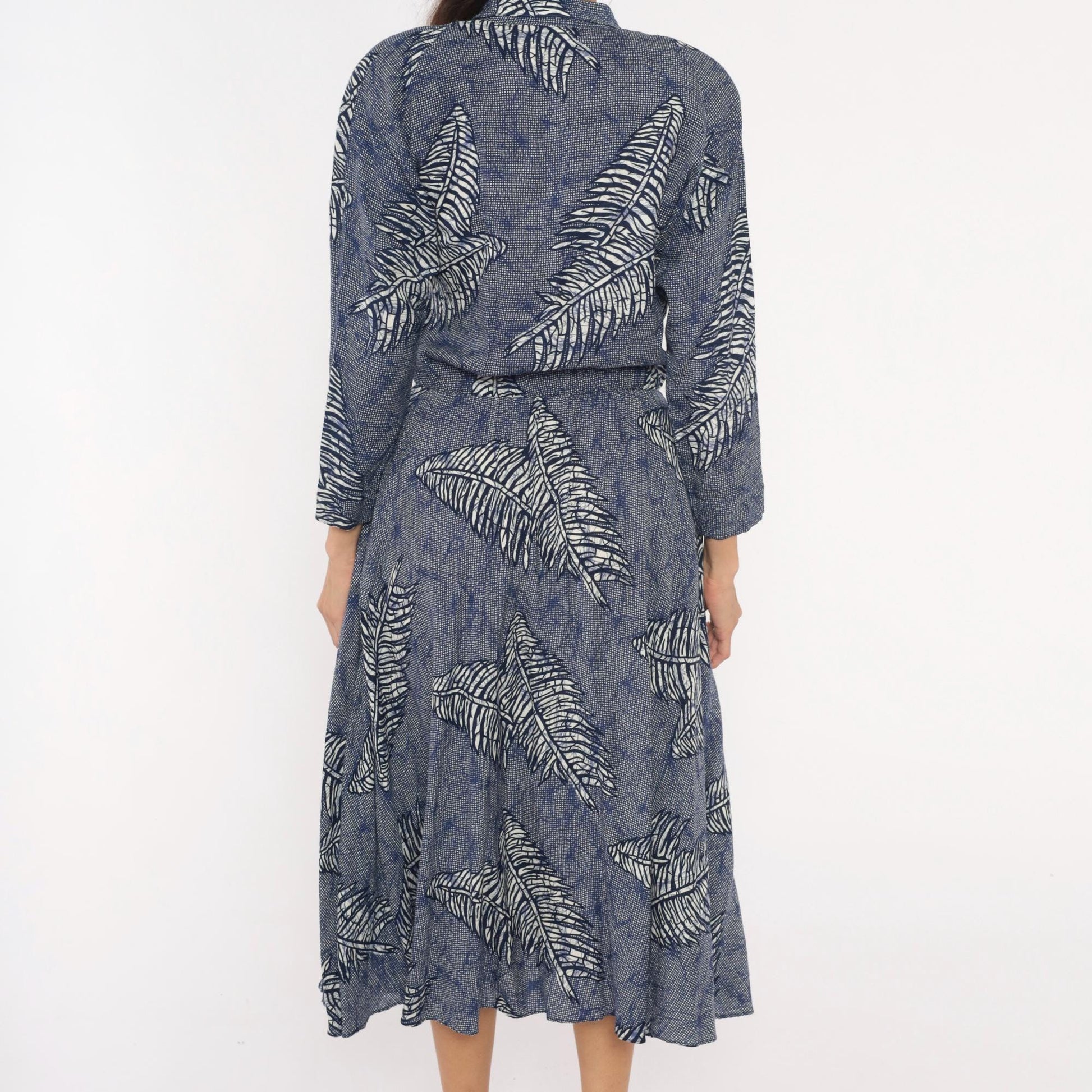 90s Kono Fern Leaf Wrap Dress Cobalt Navy Midi A-Line Small S