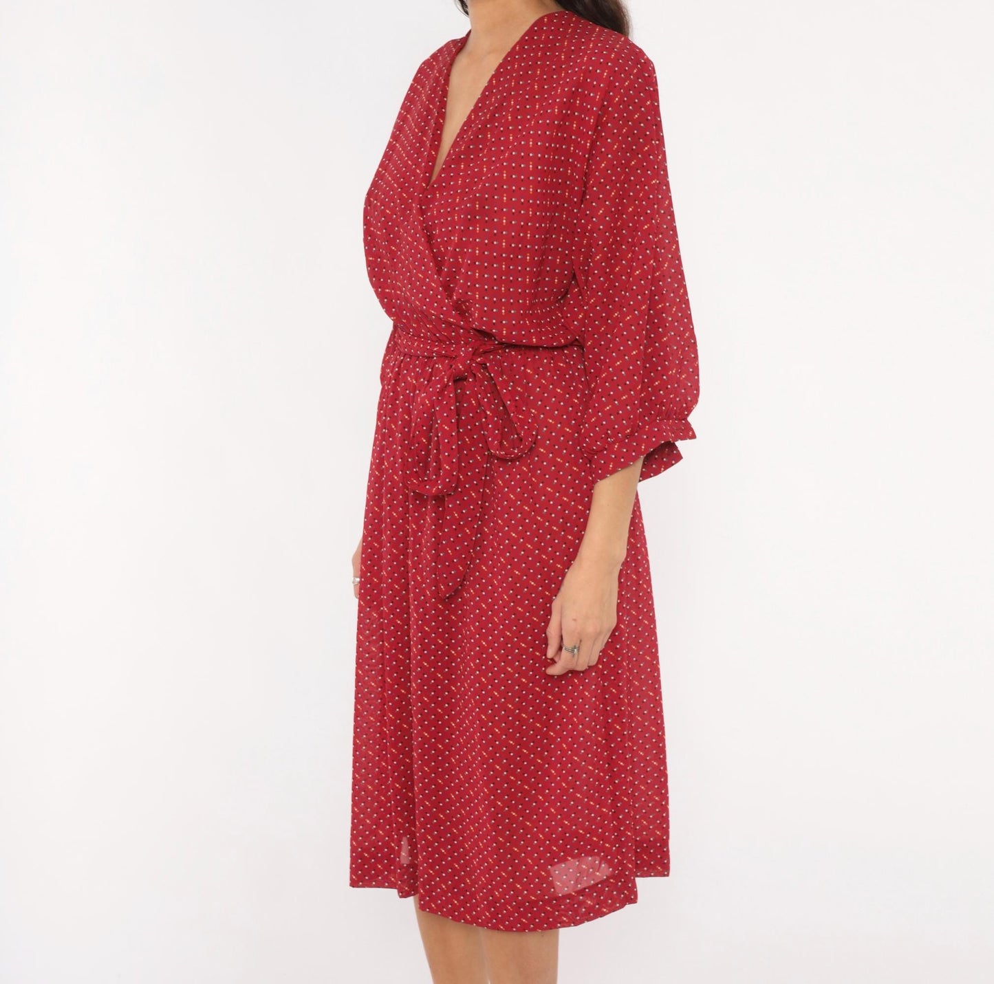 80s Virgo Il Burgundy Wrap Dress Dotted Print Knee-Length V-Neck Extra Large
