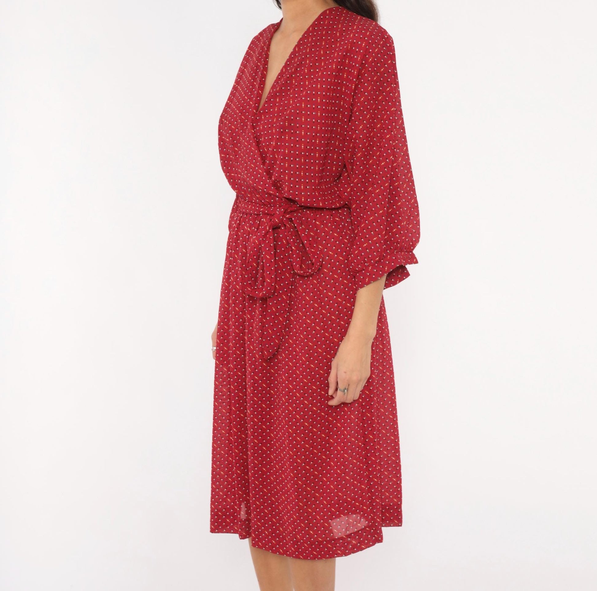 80s Virgo Il Burgundy Wrap Dress Dotted Print Knee-Length V-Neck Extra Large