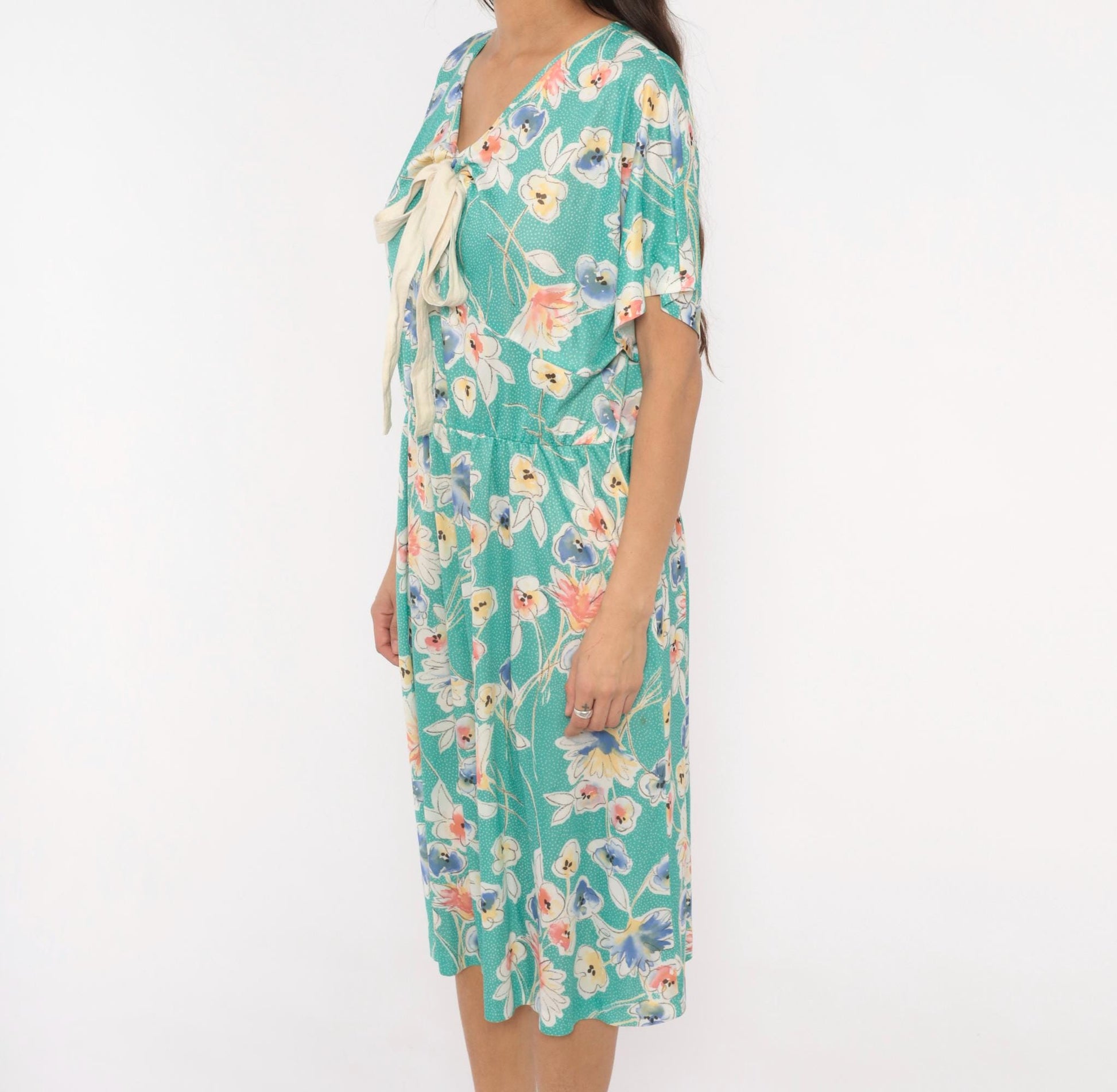 80s Pansy Floral Dress Teal V-Neck Bow Blouson Knee Length Extra Large