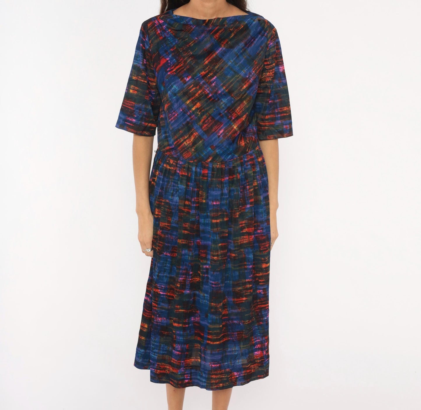 1960s L'Aiglon Cobalt Orange Plaid Dress Boat Neck Pleated Midi Large