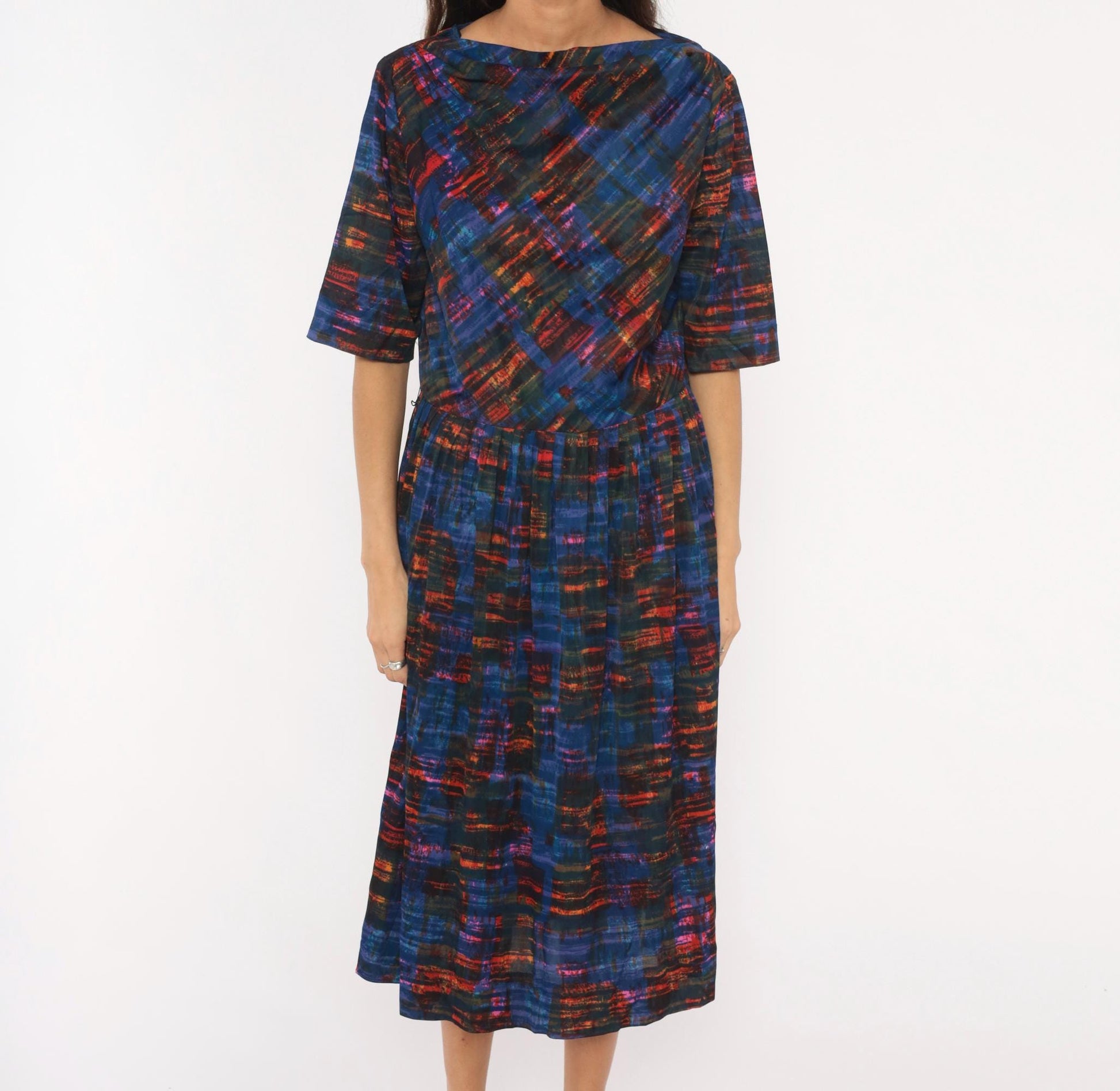 1960s L'Aiglon Cobalt Orange Plaid Dress Boat Neck Pleated Midi Large