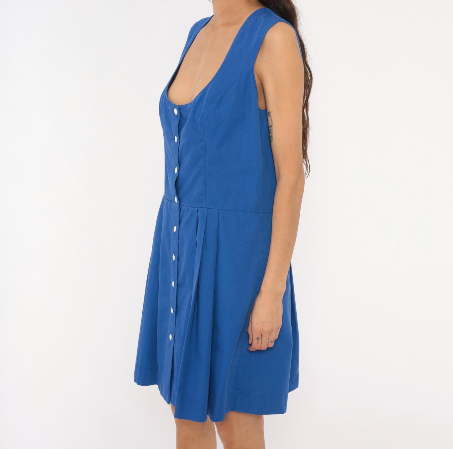 90s Cobalt Blue Button Front Dress Scoop Neck Pleated A-Line Knee Length Large