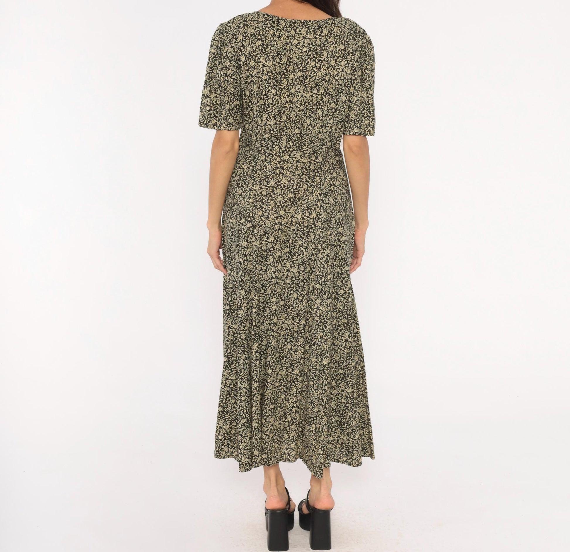 90s All That Jazz Floral Maxi Dress Black Cream Rose Button Front Medium