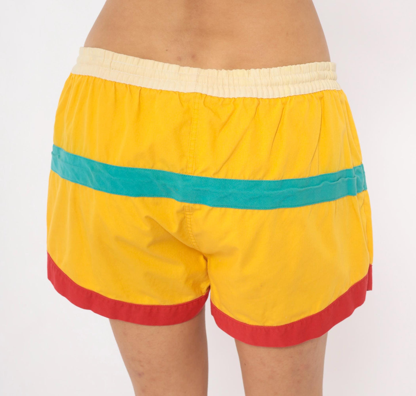 80s Freestyle Color Block Swim Shorts Yellow Teal Blue Large L
