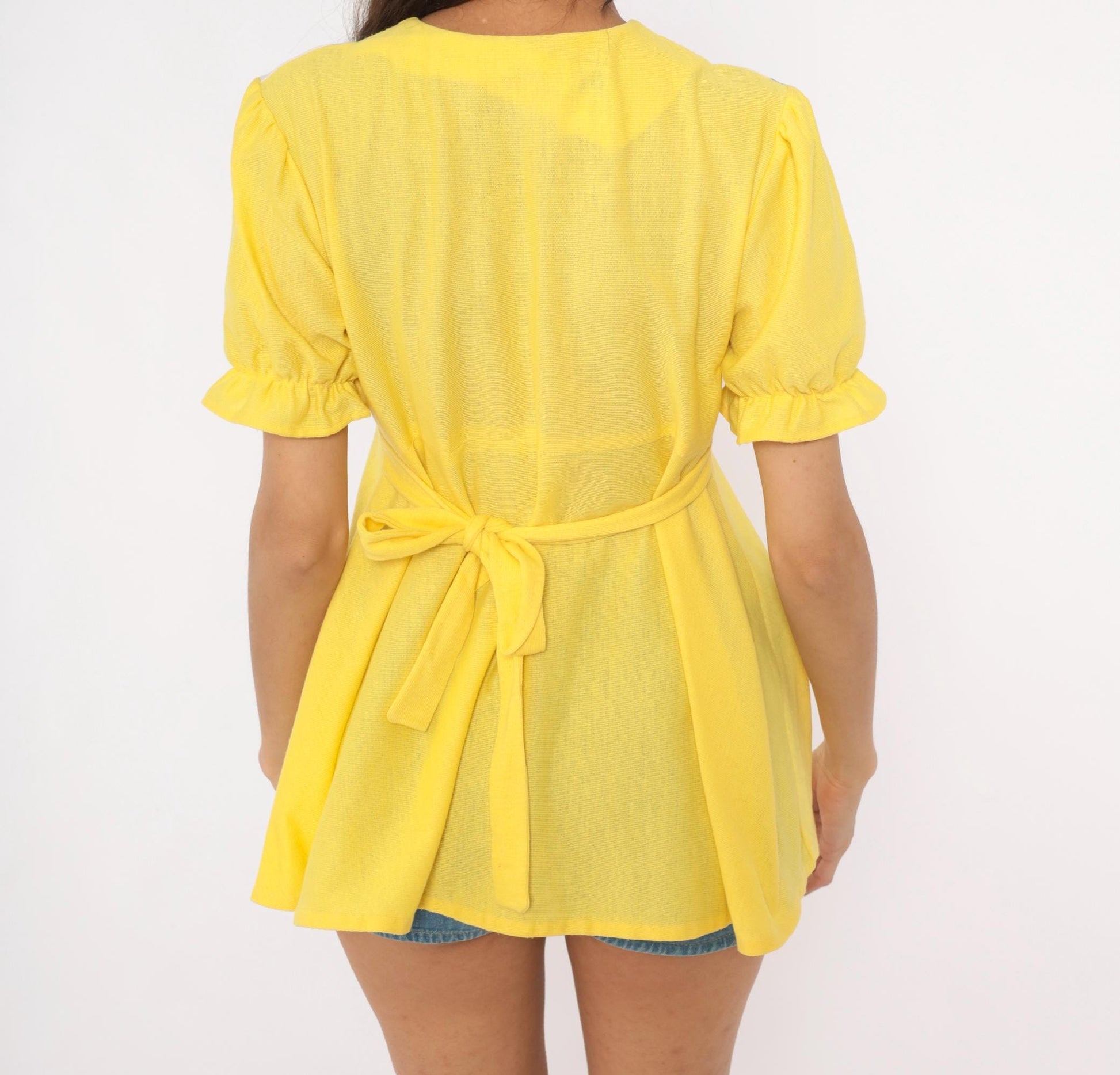 70s Yellow Babydoll Top Puff Sleeve Empire Waist Fruit Print Cotton Blouse Large