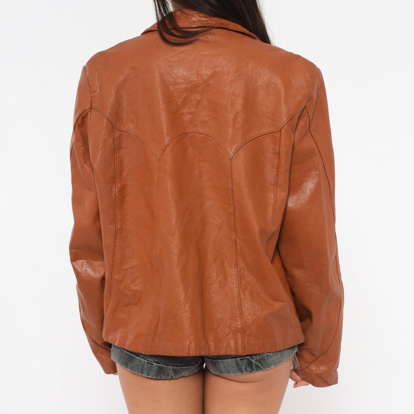 70s Ricaro Cognac Leather Jacket Western Scalloped Yoke Zip Bomber Extra Large XL
