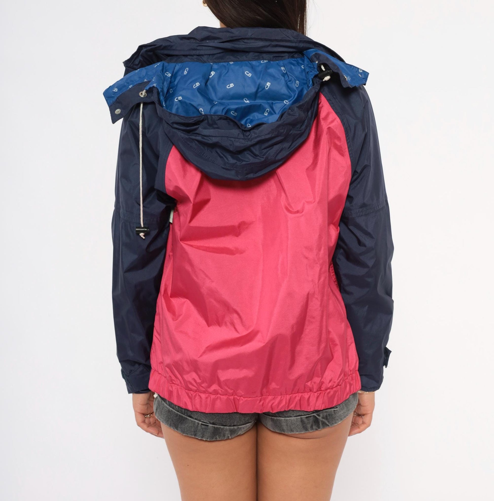 80s CB Sports Color Block Windbreaker Navy Pink Hooded Jacket Medium