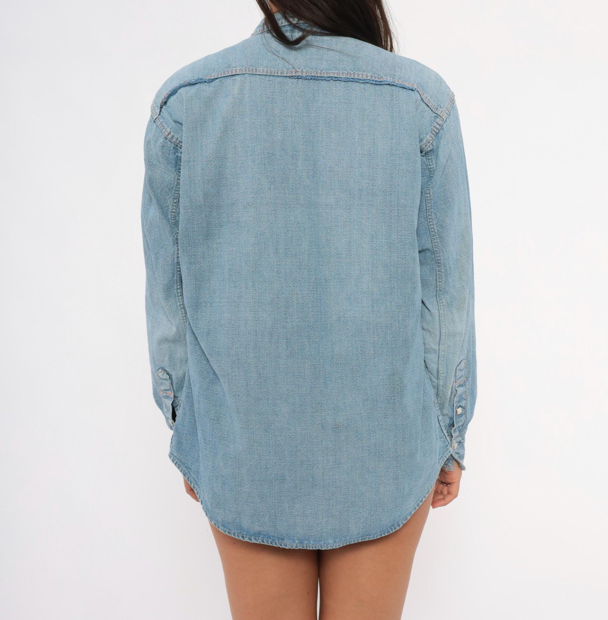 70s Light Wash Denim Western Shirt Floral Embroidered Pearl Snap Medium