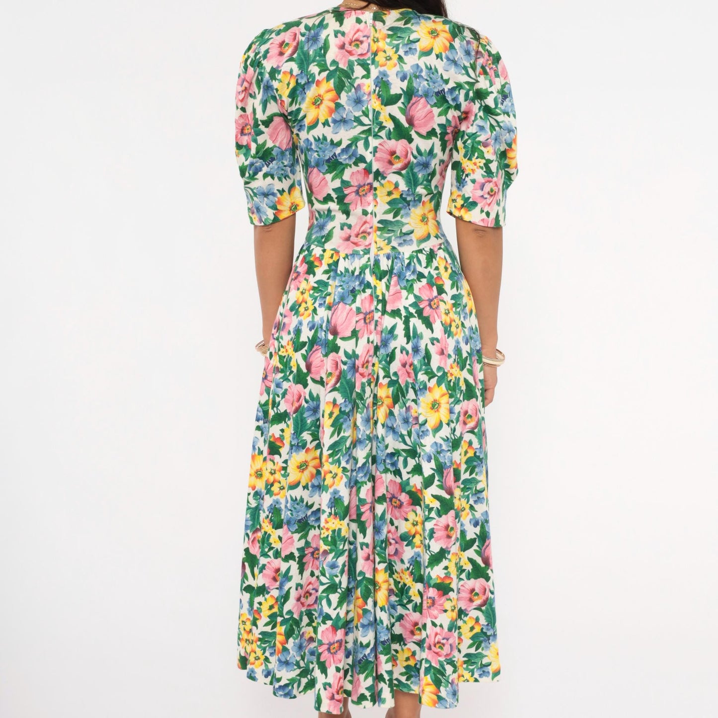 90s Expo Floral Midi Dress Puff Sleeve Lace Collar Cream Multicolor Small