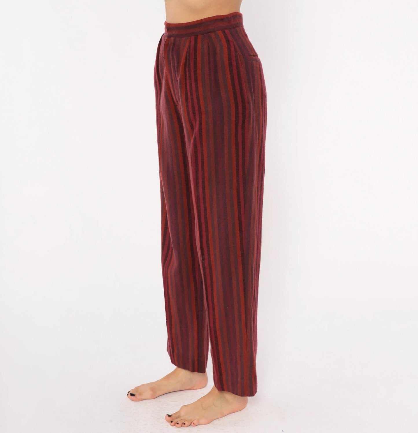 70s Burgundy Striped High Waist Tapered Trousers Pleated Front Small