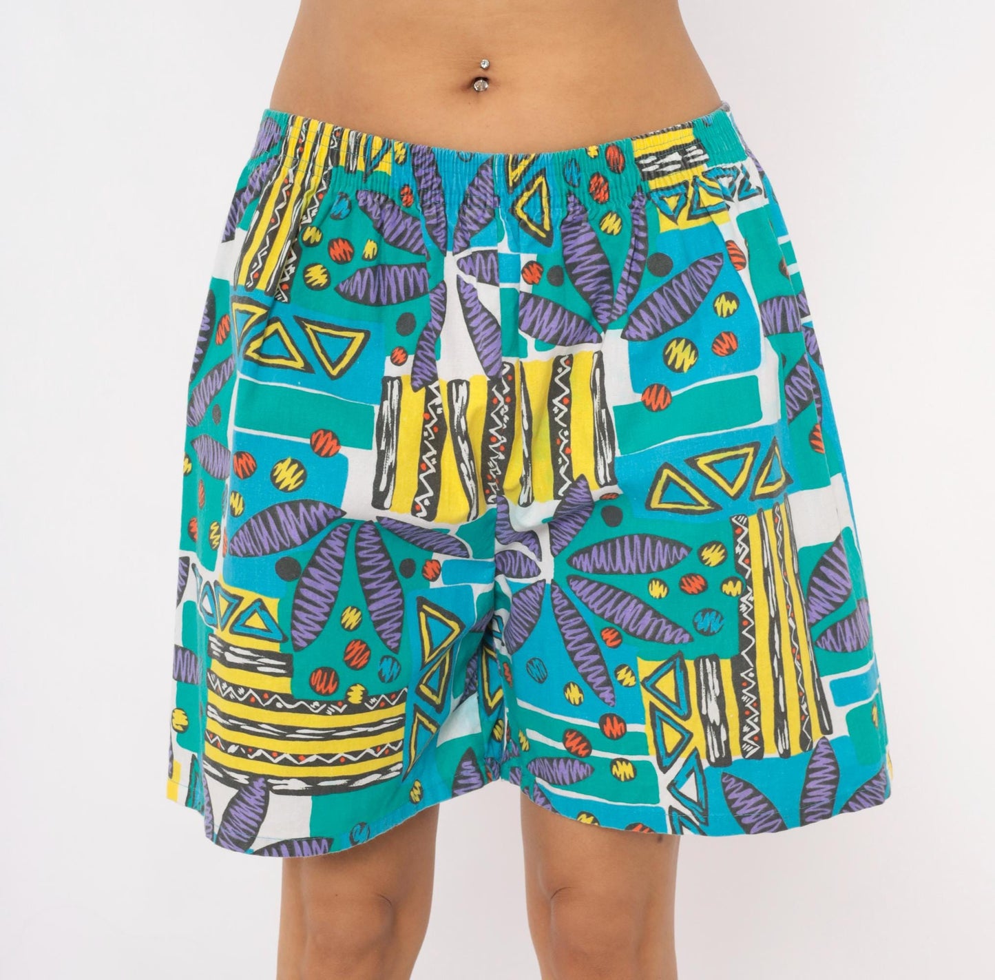 90s Athletic Works Abstract Shorts Teal Purple Geometric Print Cotton Medium
