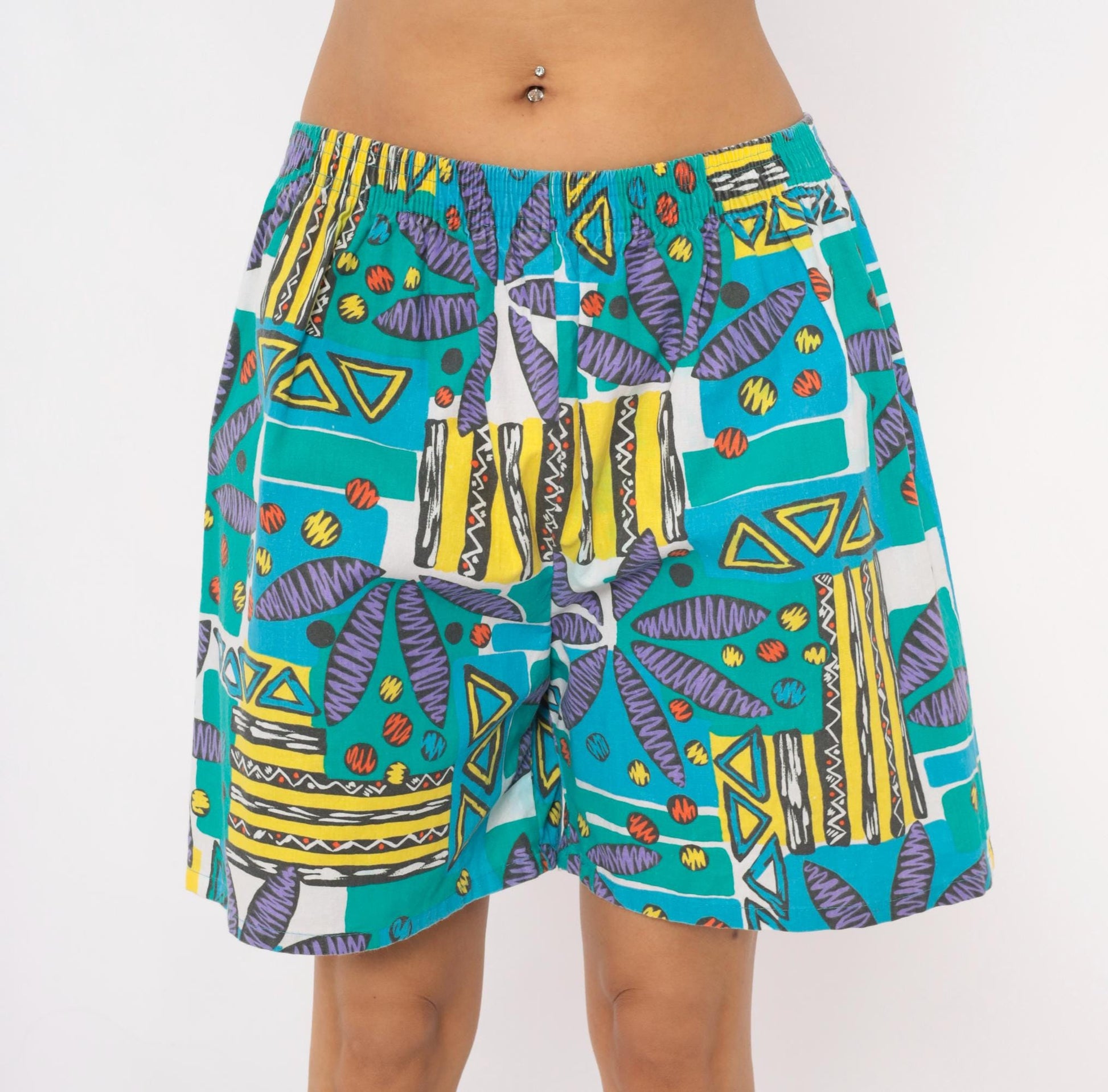 90s Athletic Works Abstract Shorts Teal Purple Geometric Print Cotton Medium