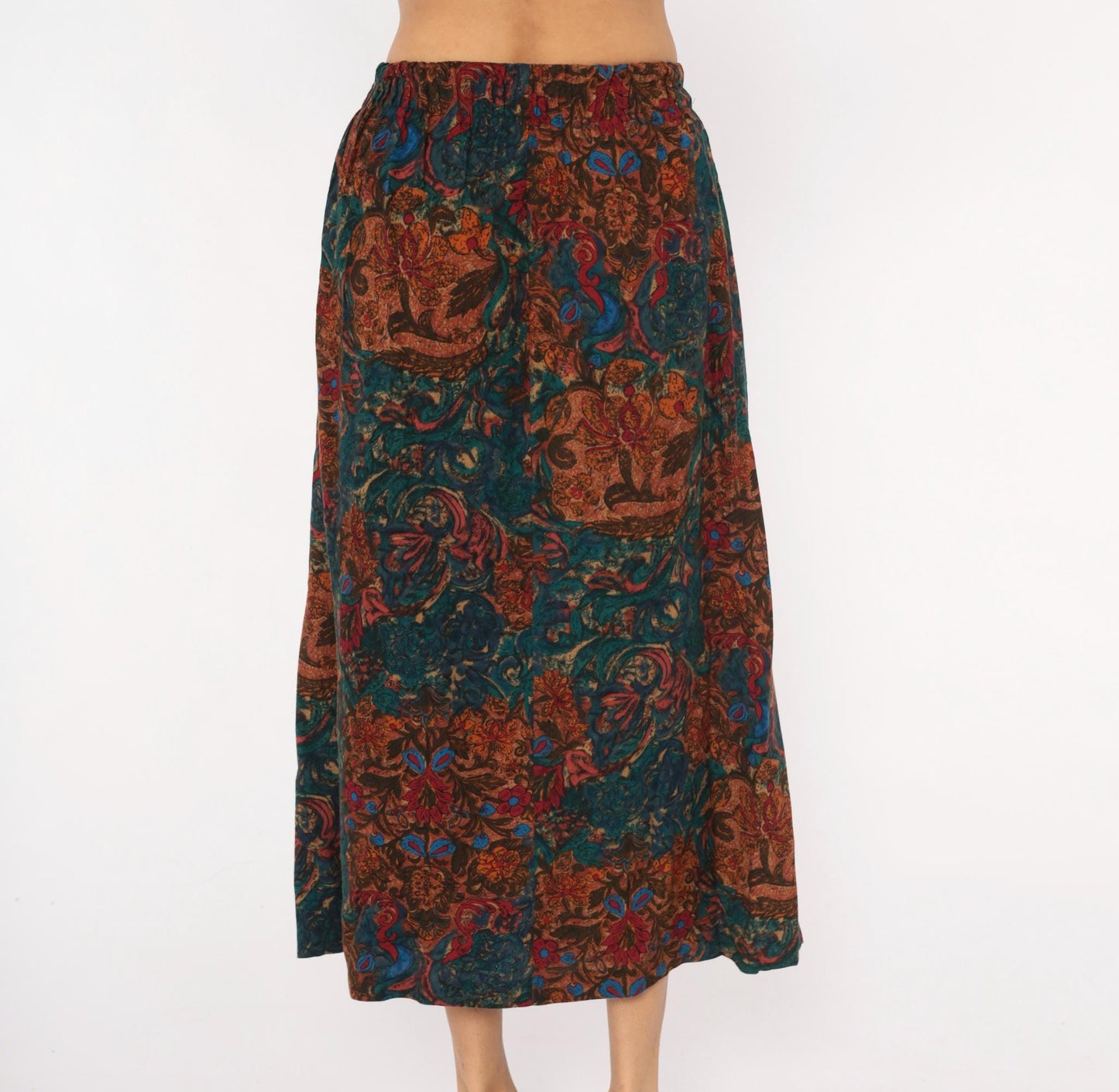 80s Ambiance New York Paisley Pleated Midi Skirt Teal Rust Small
