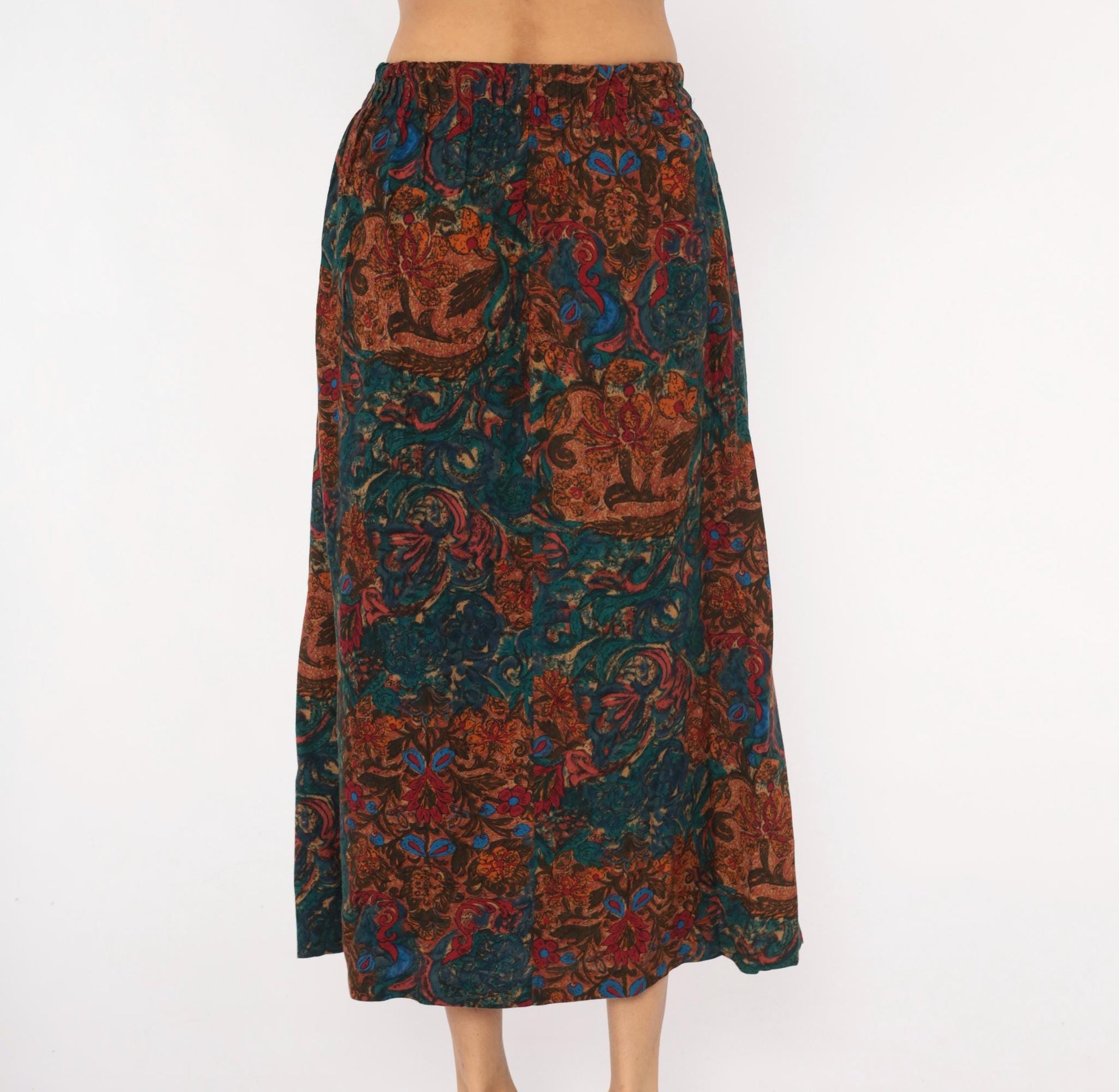 80s Ambiance New York Paisley Pleated Midi Skirt Teal Rust Small