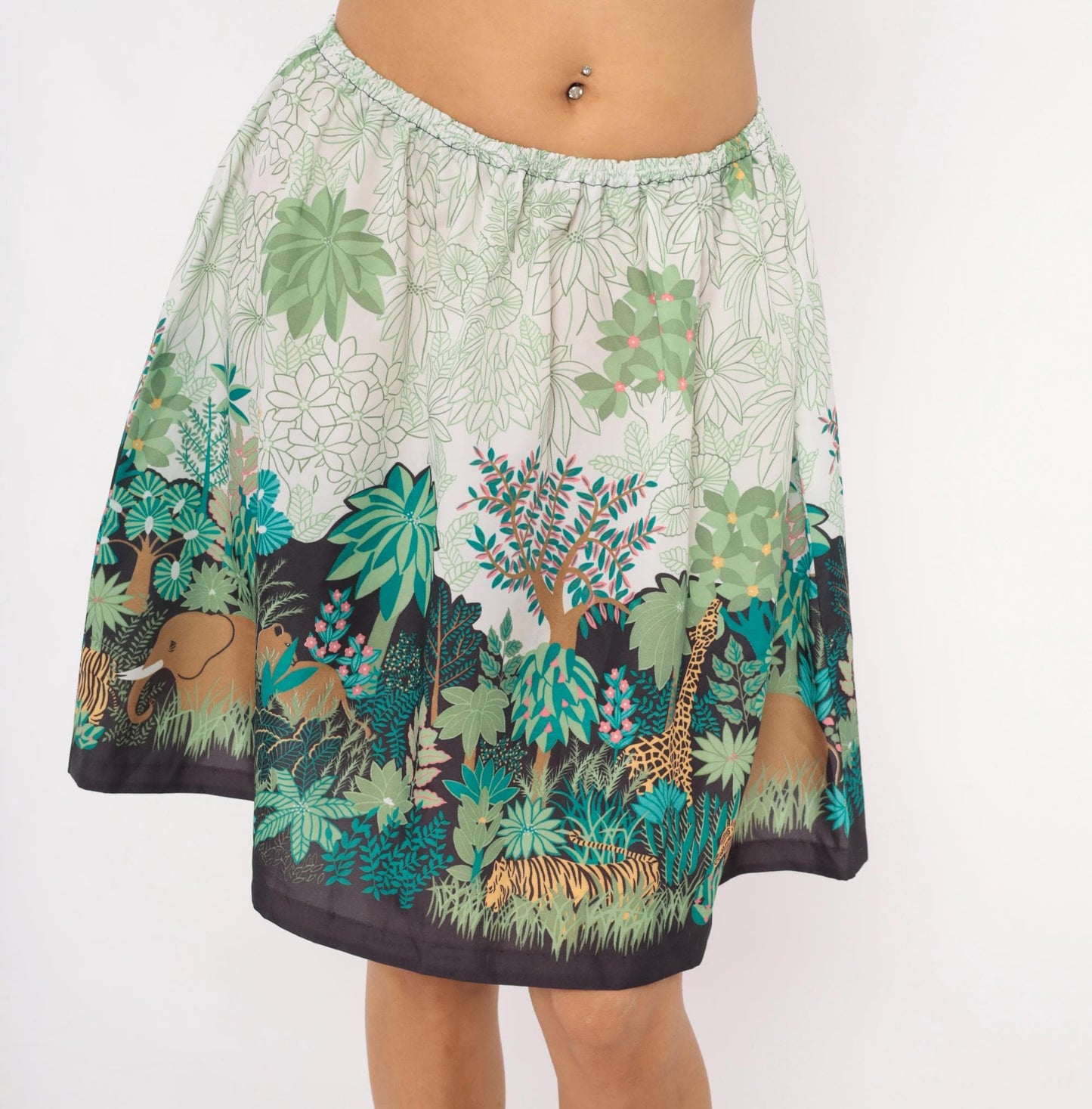 80s Jungle Safari Animal Print A-Line Skirt Knee-Length Cream Small Medium