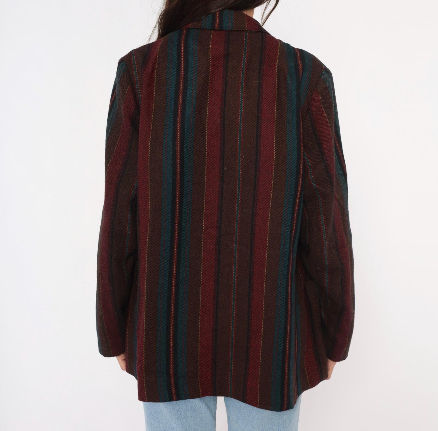 80s Koret Wool Blazer Burgundy Teal Striped Herringbone Notched Lapel Medium Large