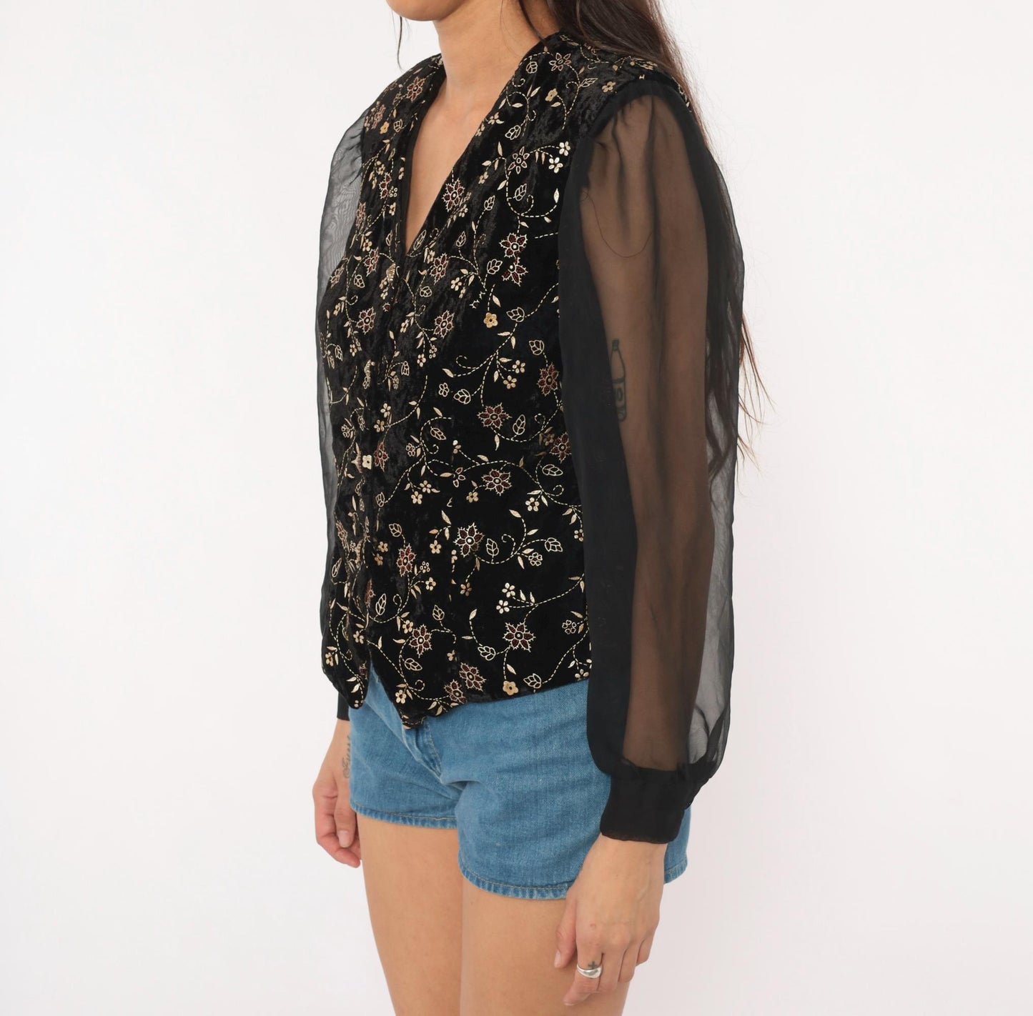 90s Another Thyme Black Velvet Blouse Gold Floral Embroidery Peplum Small