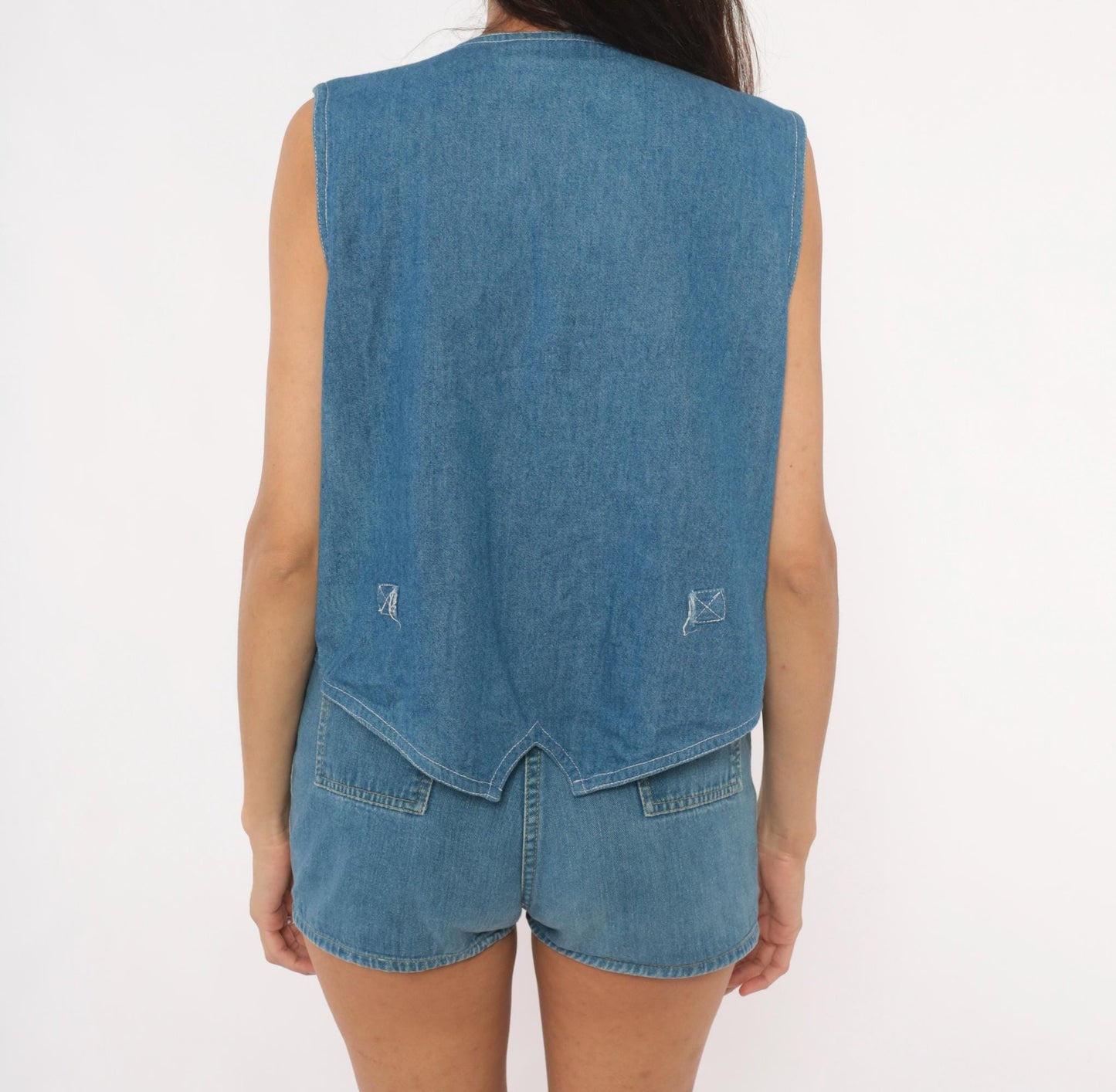 90s New Identity Patchwork Denim Vest Applique Plaid Floral Blue Extra Large XL