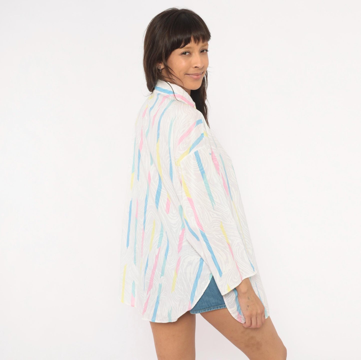 90s Ardmore Abstract Brushstroke Button Blouse Pink Blue Yellow Large L