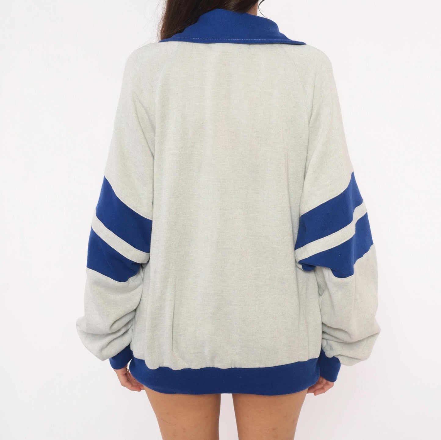 80s Omni LTD Colorblock Zip Sweatshirt Grey Cobalt Striped Large L