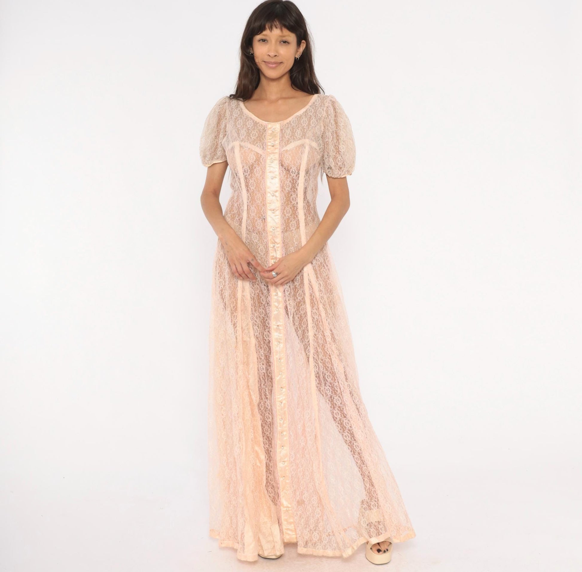 1950s Blush Pink Sheer Lace Maxi Gown Puff Sleeve Corset Bodice Large L