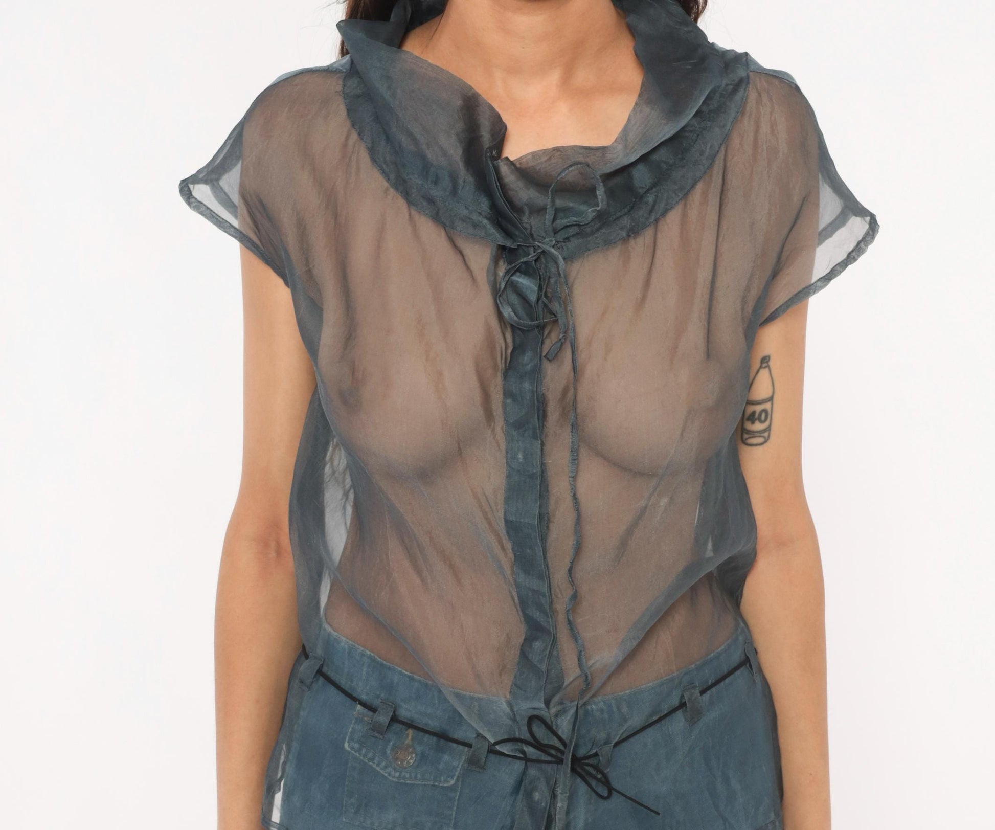 Y2K Fussel Grey Organza Blouse Cap Sleeve Ruffle Collar Sheer Top Medium M