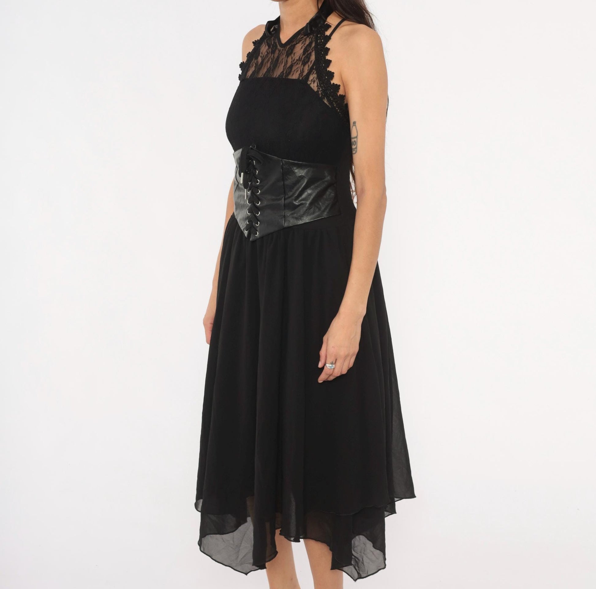 2000s Black Lace Corset Halter Midi Dress Chiffon Handkerchief Hem Plus Size XXL