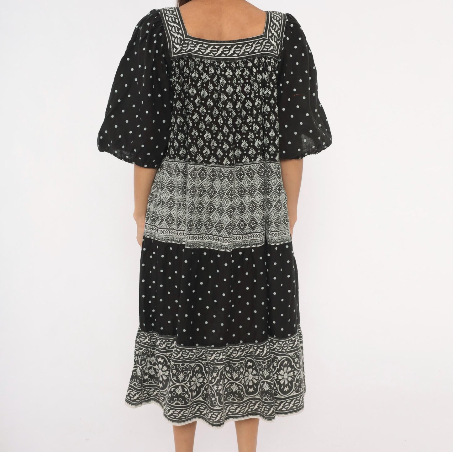 90s Ramona Rull Black Floral Midi Dress Square Neck Puff Sleeve Cotton Extra Large