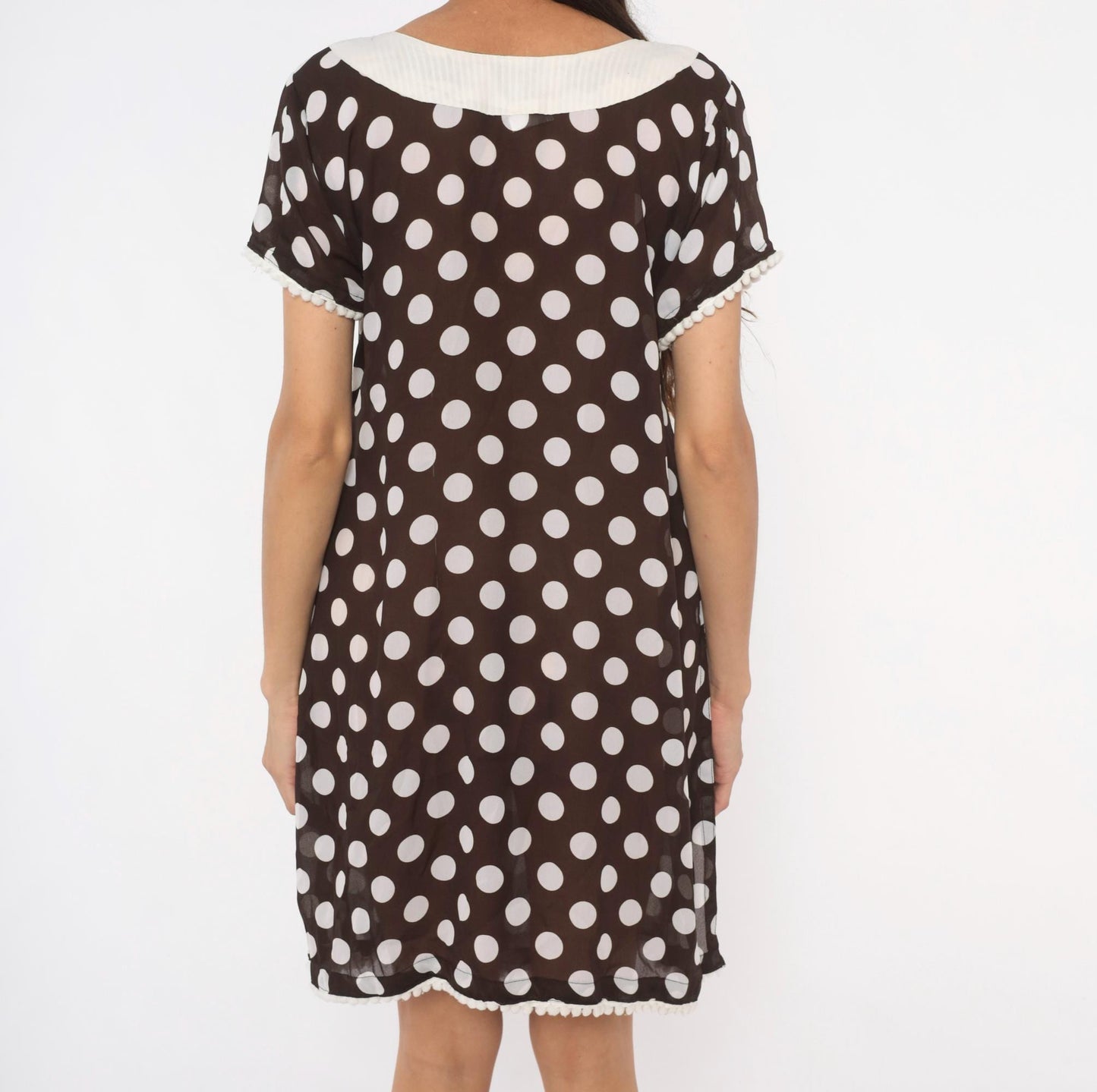 Y2K Polka Dot Babydoll Dress Brown Cream Pom Pom Trim Shift Mini Medium M