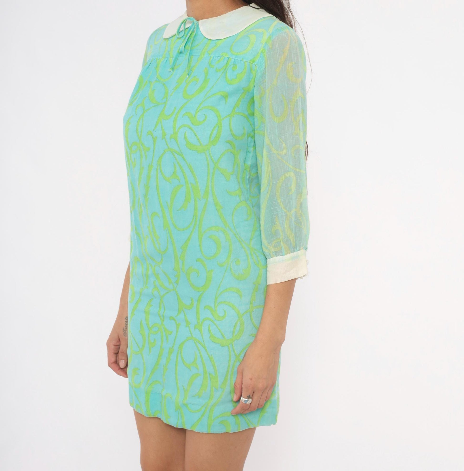 60s Psychedelic Swirl Mini Dress Aqua Lime Peter Pan Collar Shift XS