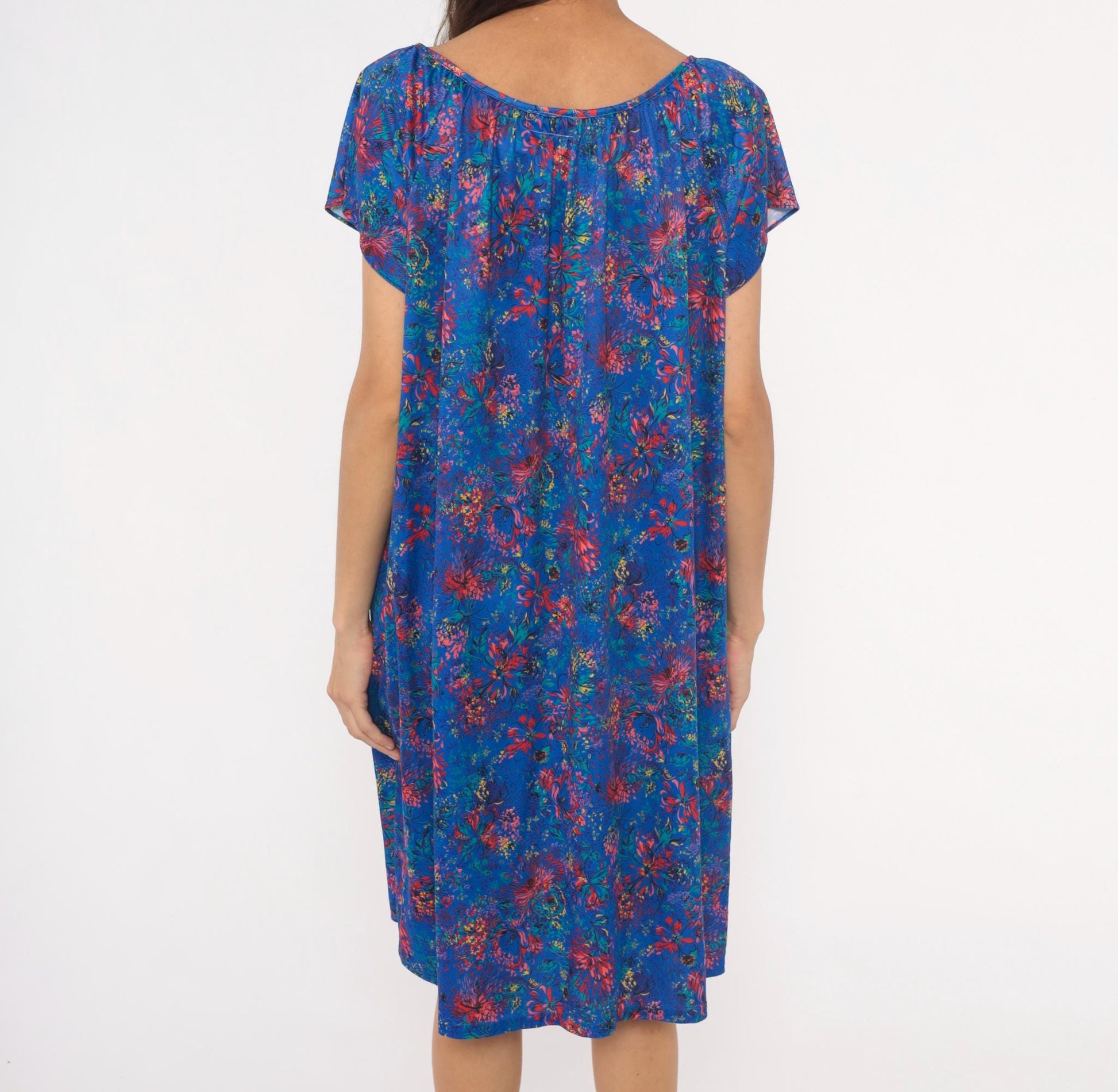 70s Improved Living Floral Shift Dress Cobalt Blue Knee-Length XL