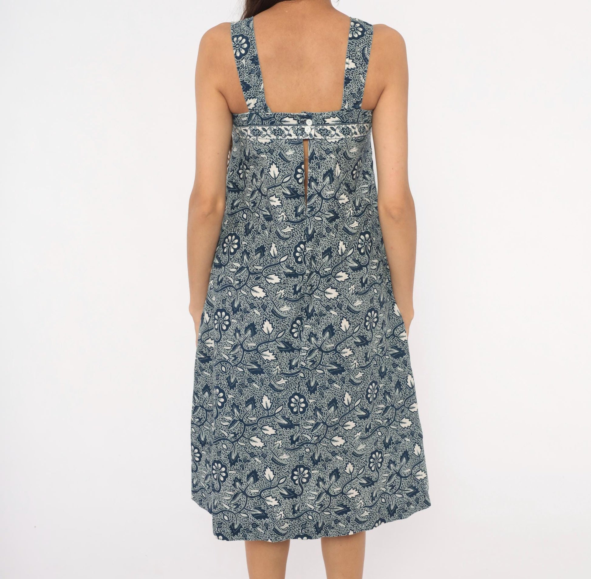 90s Navy Batik Floral Sundress Cotton Square Neck Knee-Length Extra Small XS