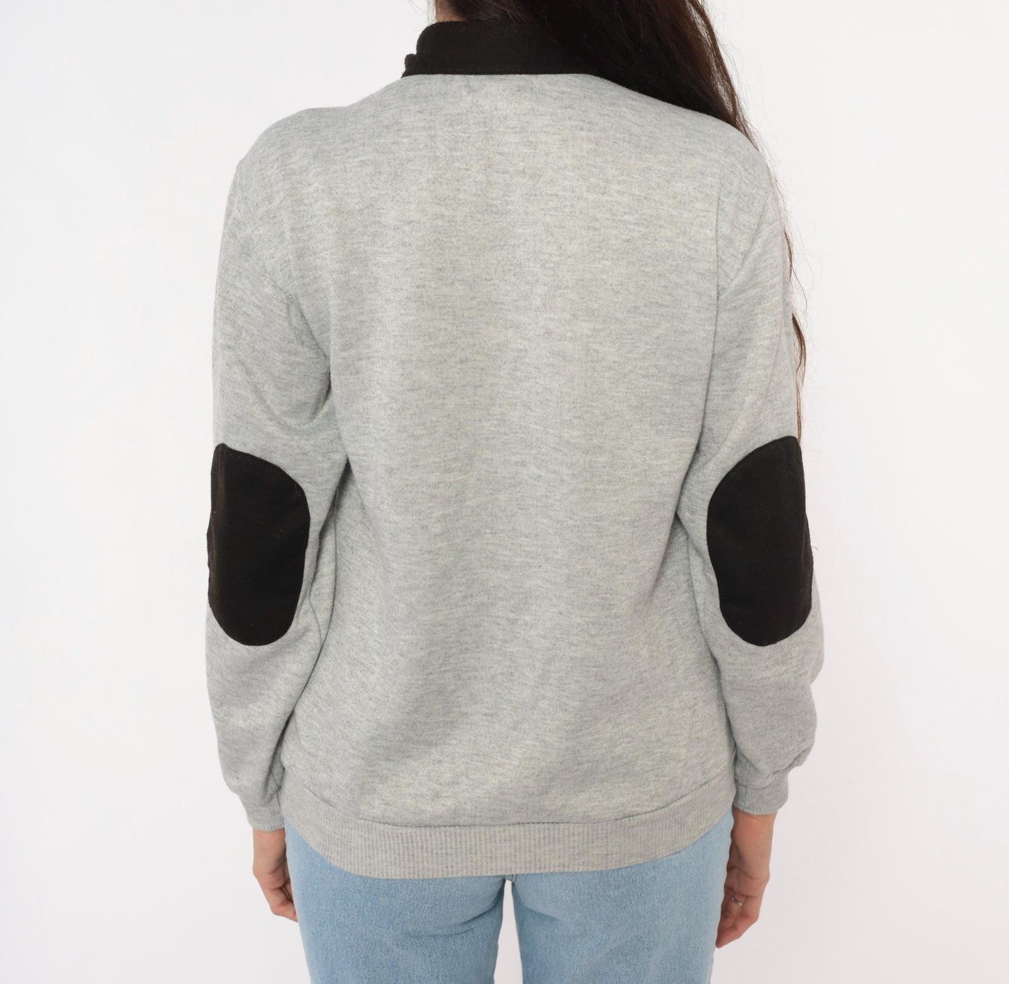 90s Scandia Woods Henley Sweatshirt Black Collar Elbow Patch Grey Small