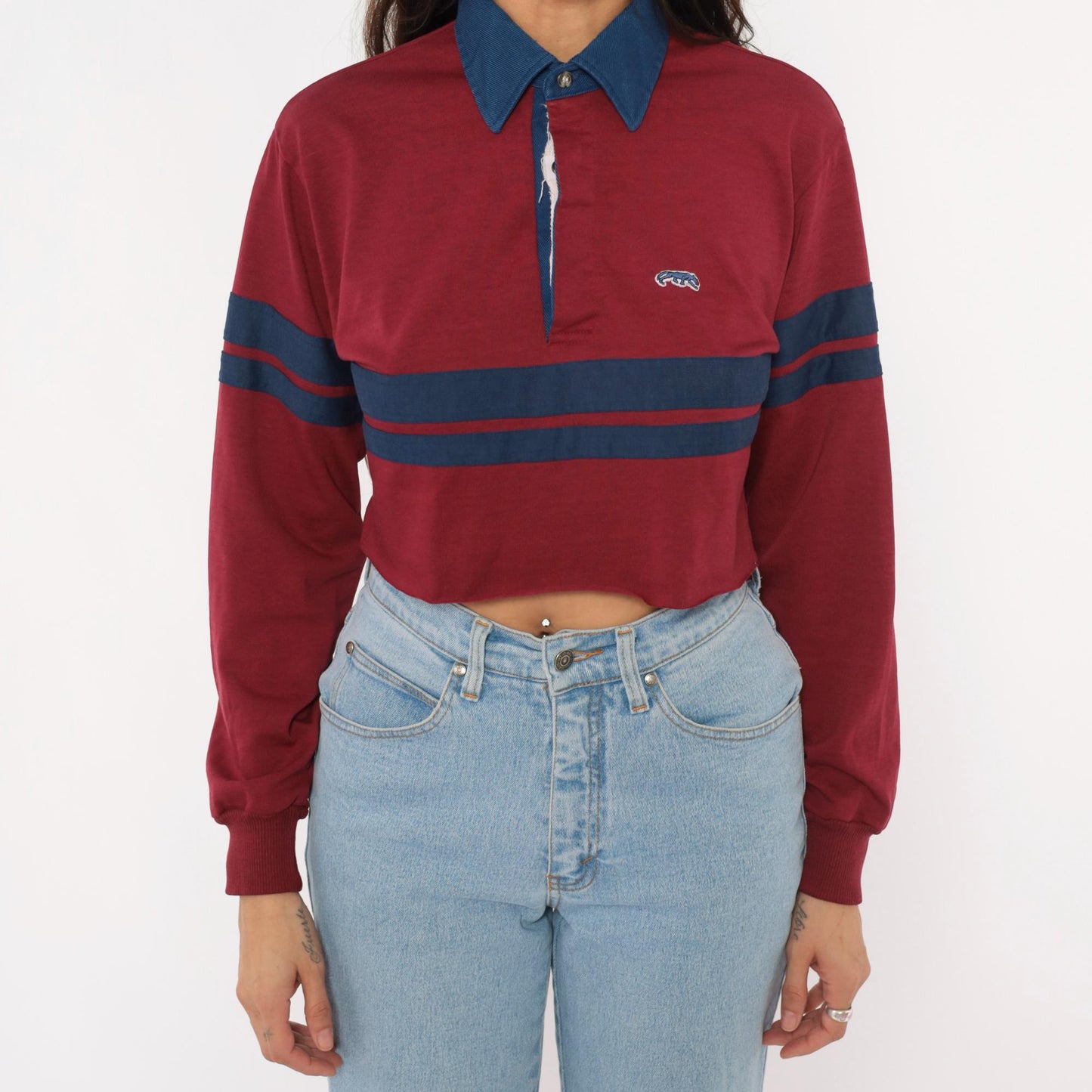 80s Burgundy Navy Stripe Cropped Rugby Polo Cotton Small Medium