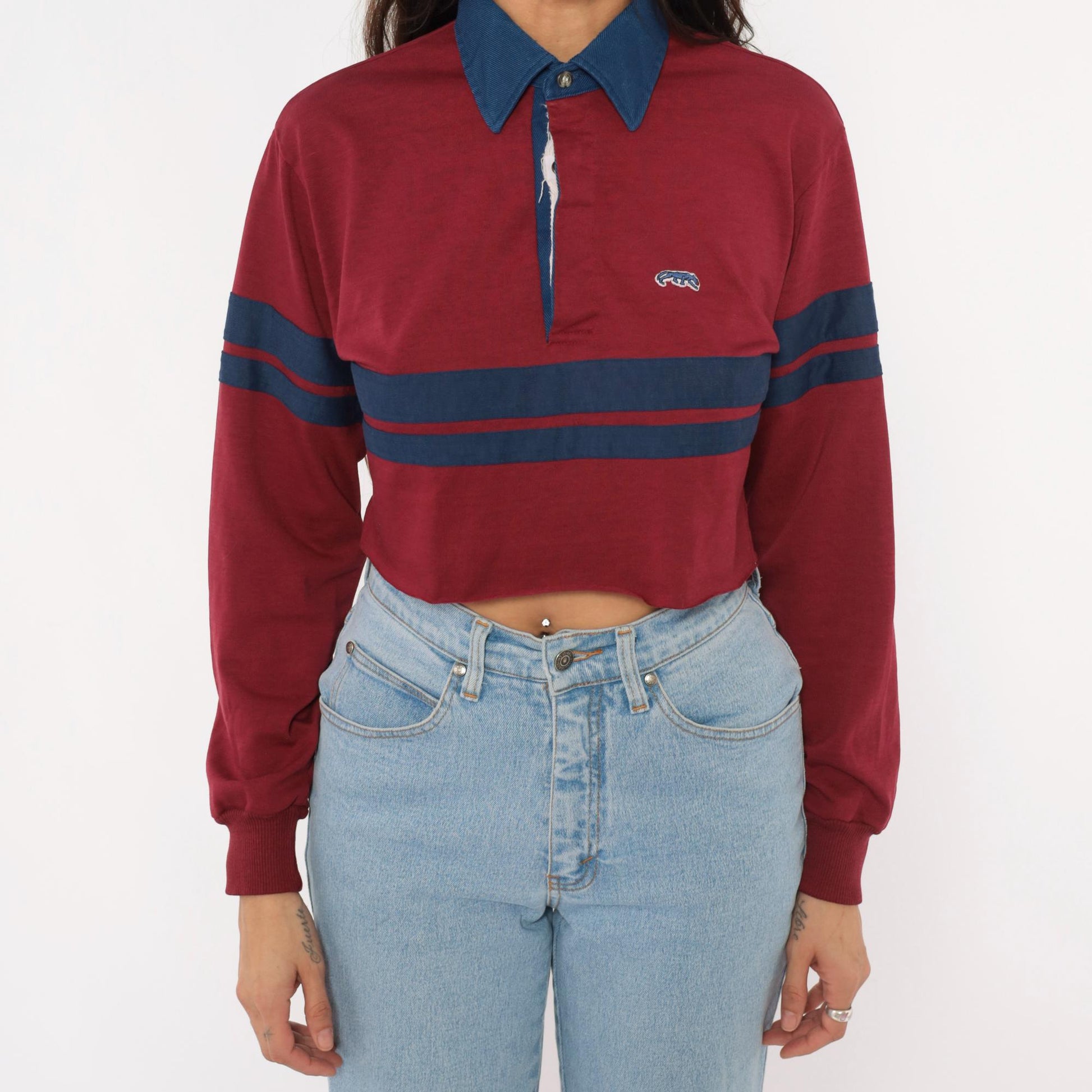 80s Burgundy Navy Stripe Cropped Rugby Polo Cotton Small Medium