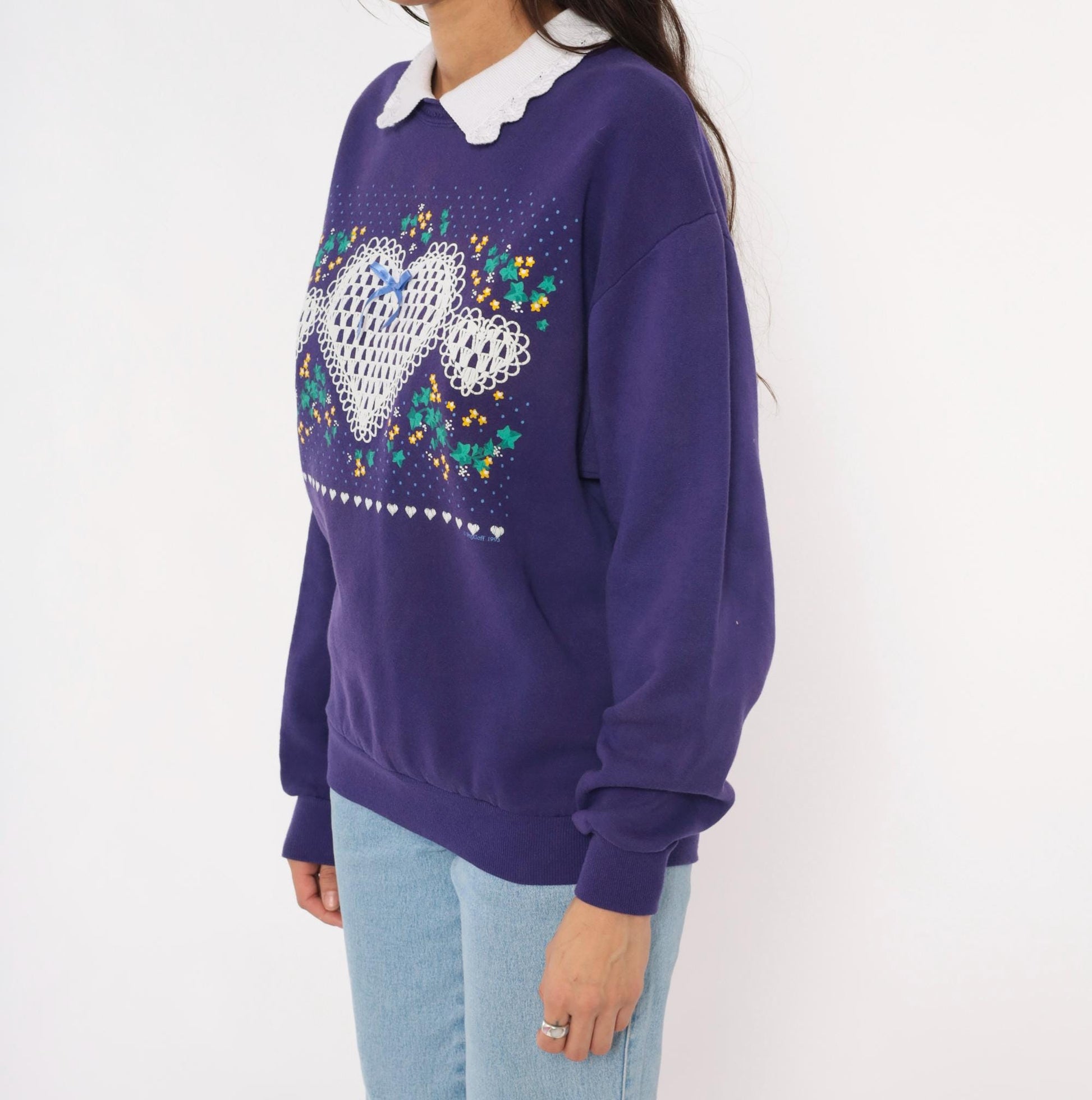 90s PegiGoff Purple Sweatshirt Peter Pan Collar Lace Heart Floral Medium M