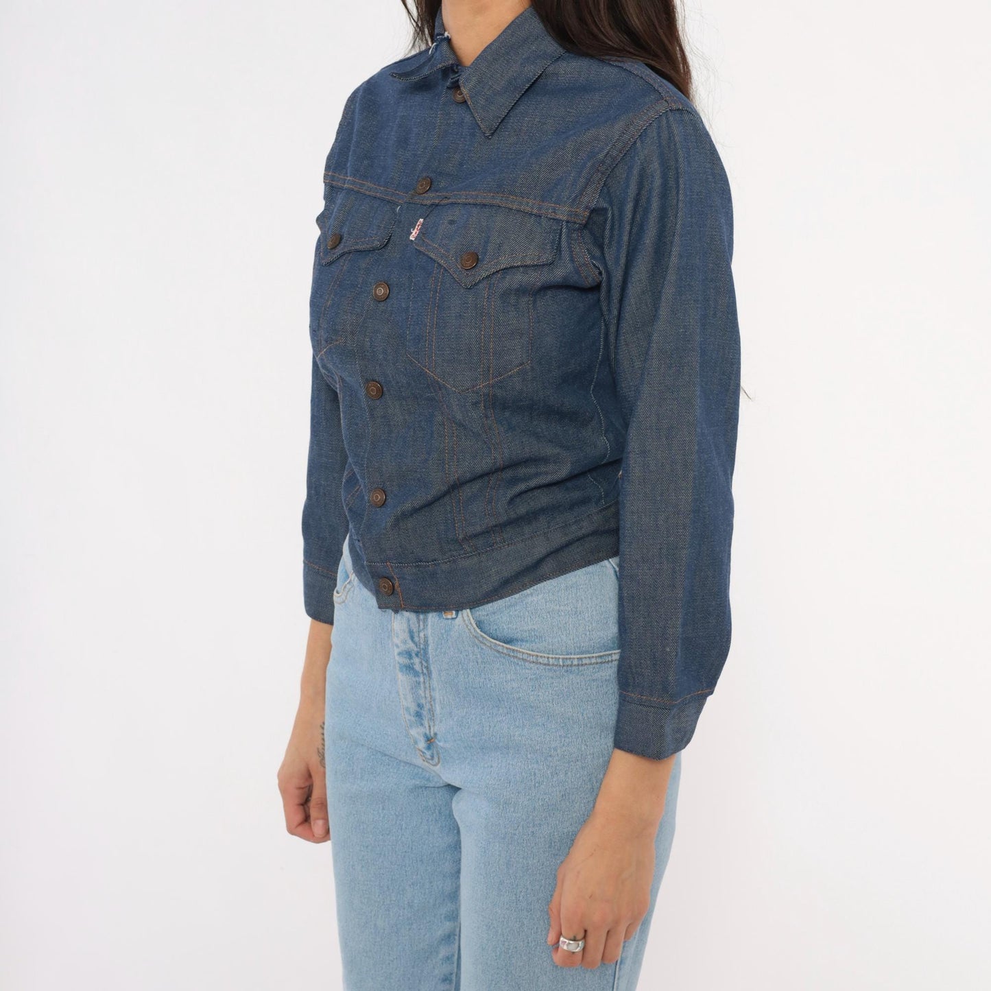 80s Levi's Denim Trucker Jacket Dark Indigo Snap Button Cropped Extra Small XS